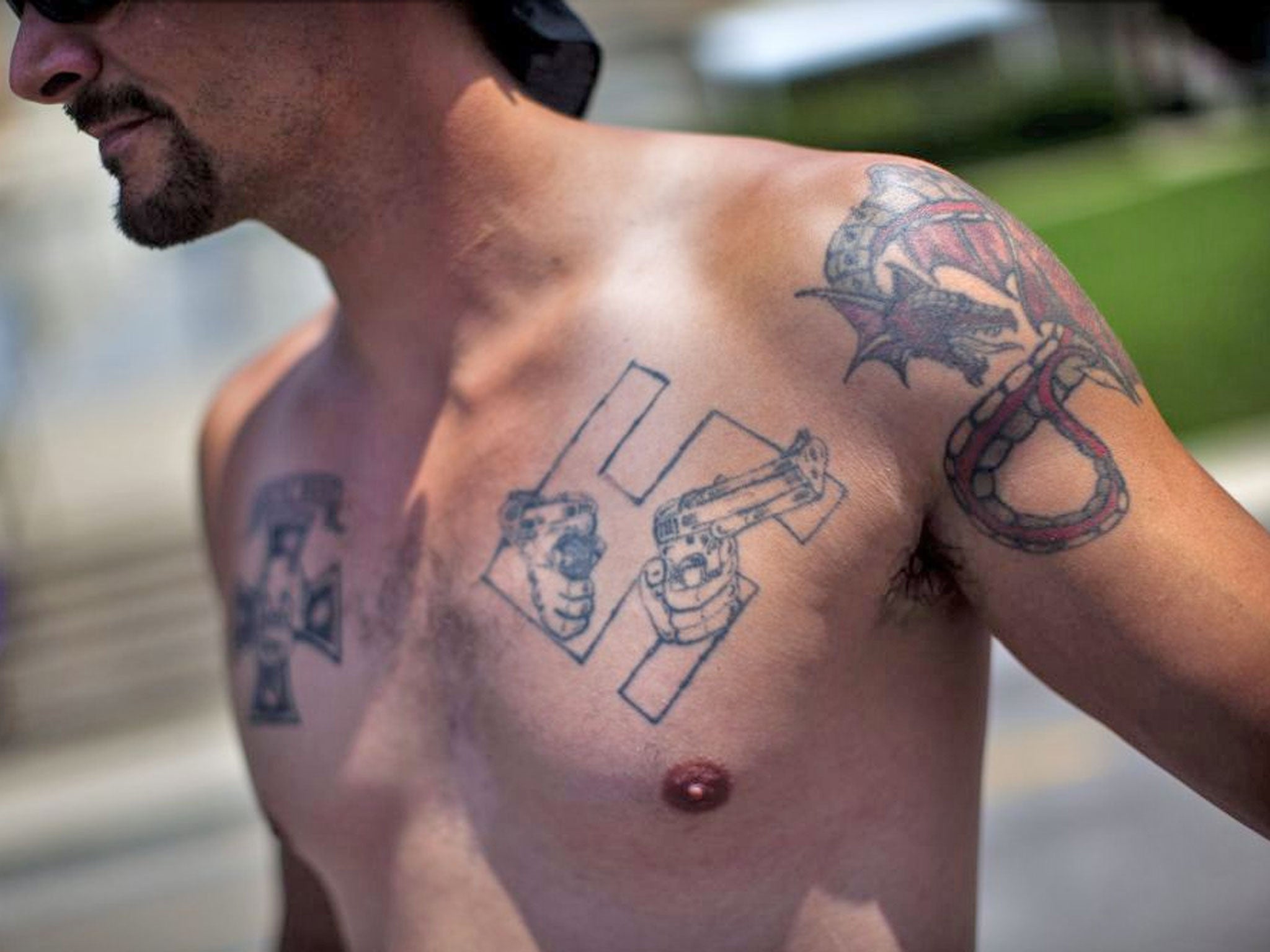 A tattooed US Aryan sympathizer from Pulaski, Tennessee, USA