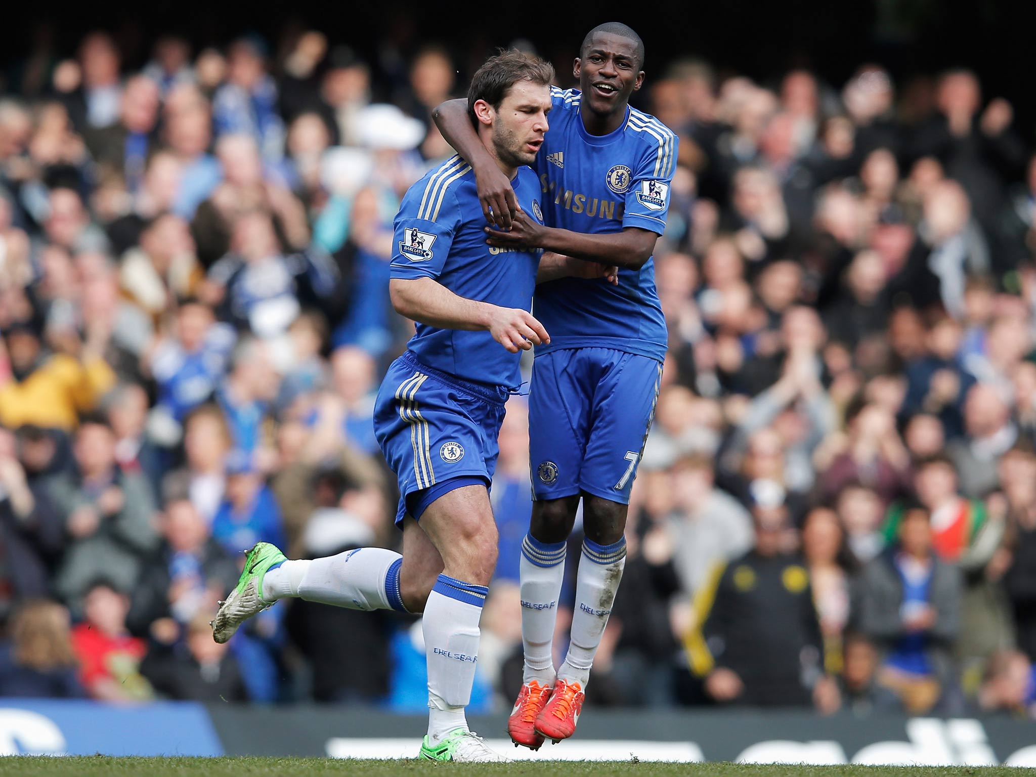 Branislav Ivanovic celebrates with Ramires after scoring for Chelsea against Sunderland