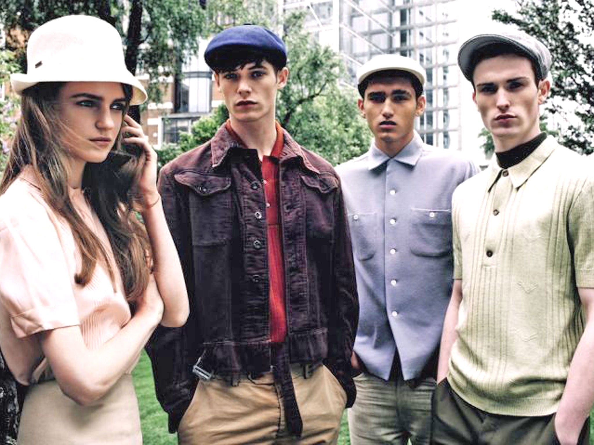 If you want to get ahead: (from left) cream hat, £50; blue cap, £39; cream cap, £42; checked cap, £32; all from Kangol mainline collection. All available from kangol.com
