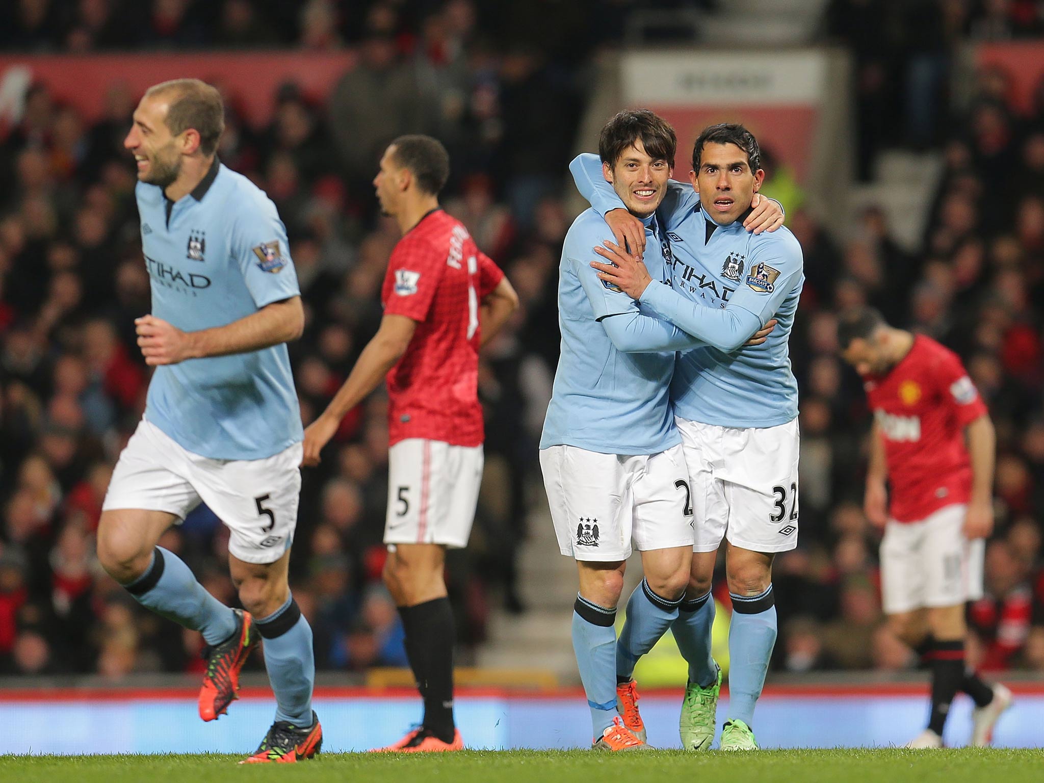 David Silva with Carlos Tevez at Old Trafford