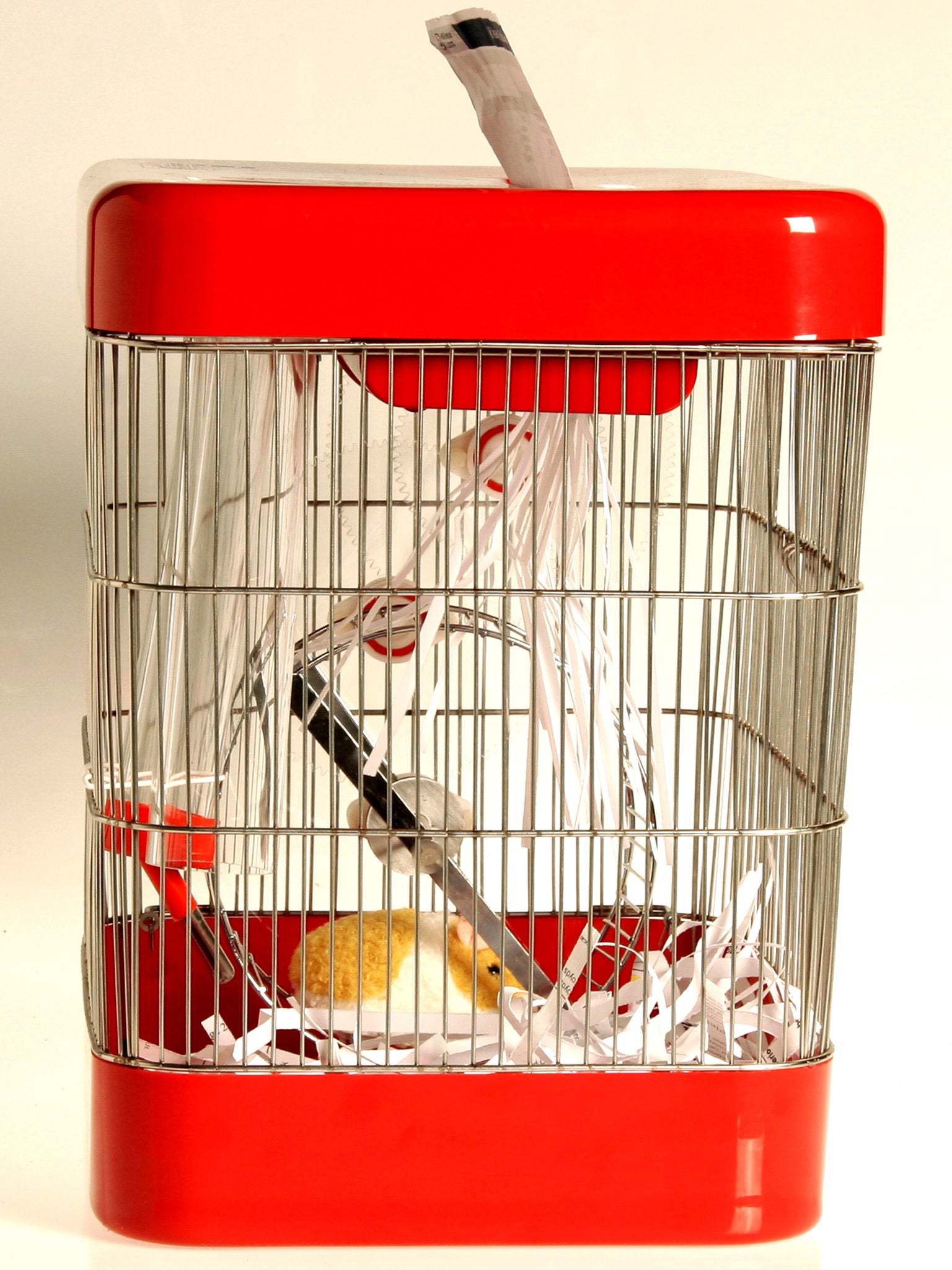 Hamster shredder: Tom Ballhatchet's contraption, which allows a hamster to shred its own bedding by turning its wheel, is designed to provoke feelings about climate change and identity fraud. It’s also just about being useful, although it takes the average hamster almost an hour to get through a sheet of paper. Ballhatchet's other work includes TV packaging that turns into a stand