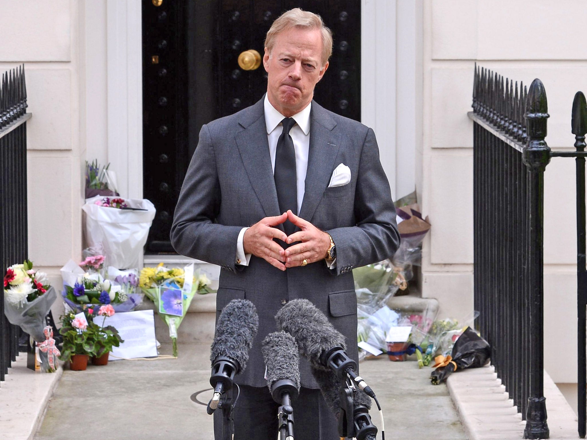 Sir Mark Thatcher speaks to the media outside his mother’s house in Belgravia yesterday, where he said the family was 'enormously proud and grateful' that the Queen is to attend the service at St Paul’s Cathedral next Wednesday. 'I know my mother would be greatly honoured as well as humbled by her presence,' he added