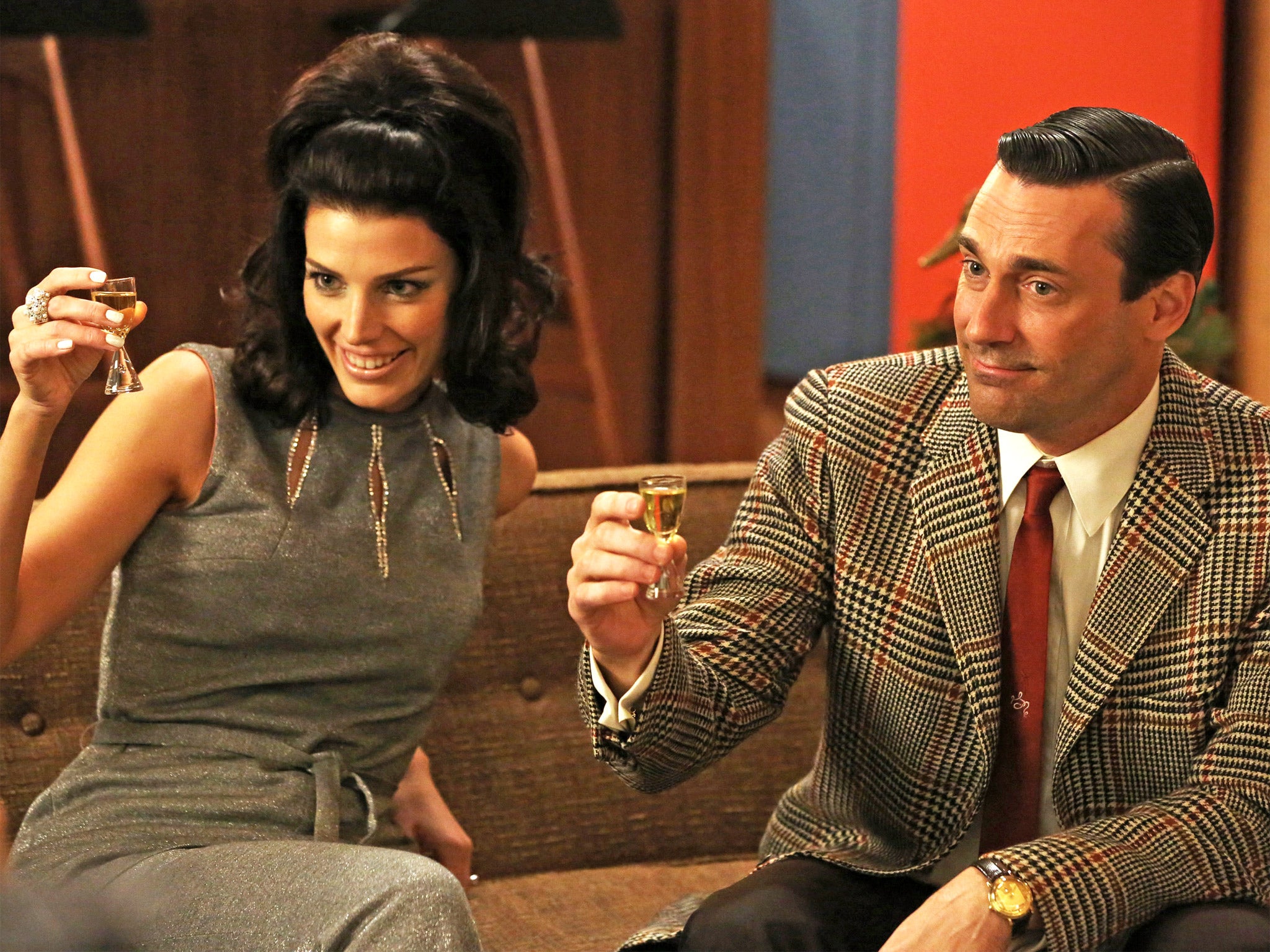 Jessica Pare as Megan Draper and Jon Hamm as the troubled, melancholy Don Draper