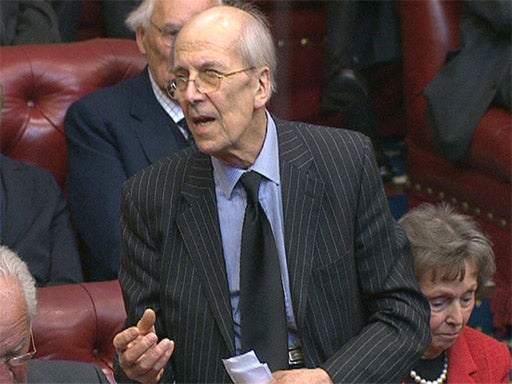 Lord Tebbit speaks during a tribute to Baroness Thatcher in the House of Lords on Wednesday