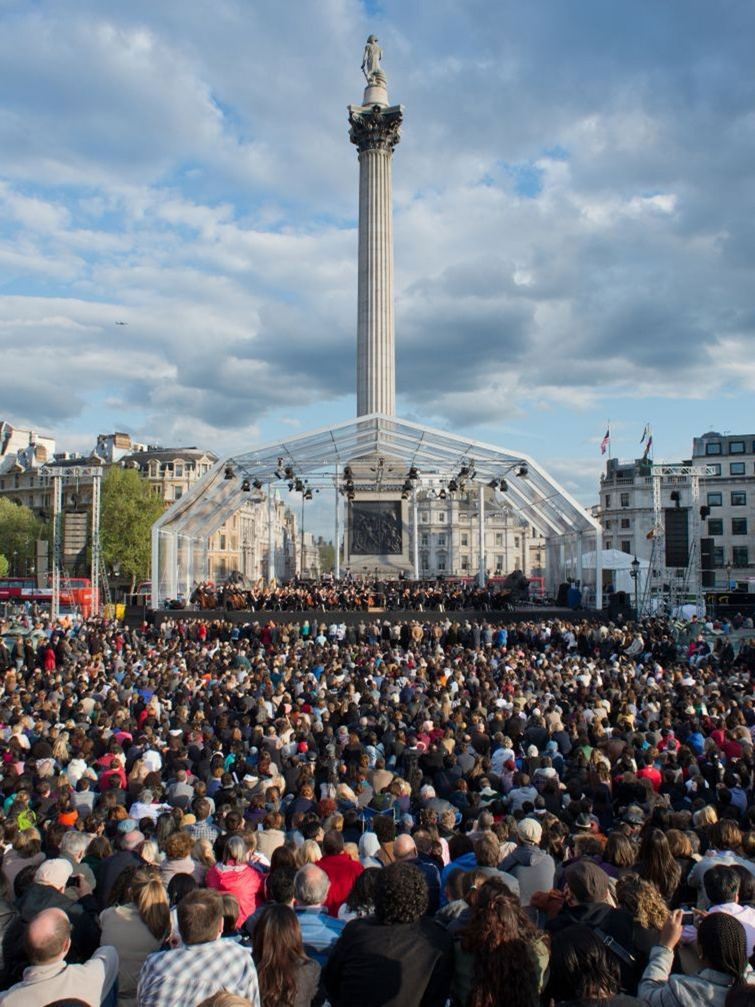 Towering performance: the London Symphony Orchestra performs to an audience of 10,000 during a free concert in Trafalgar Square