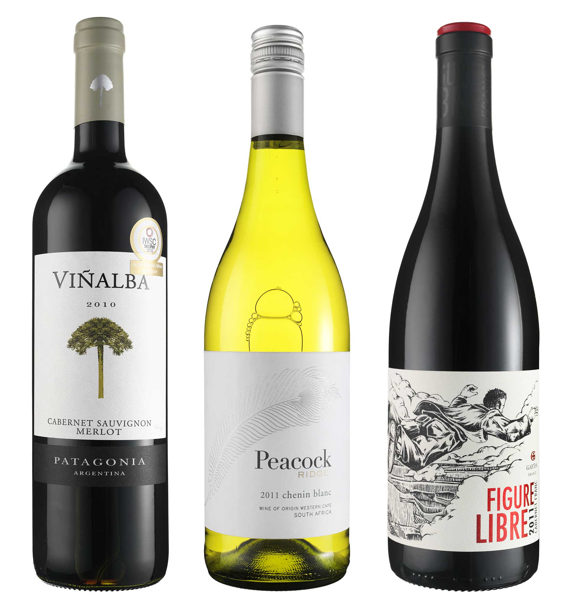 2010 Viñalba Patagonia Cabernet Merlot; 2011 Peacock Ridge Chenin Blanc, South Africa; 2011 Libre Cabernet Franc, Domaine Gayda, Pays d'Oc, IGP