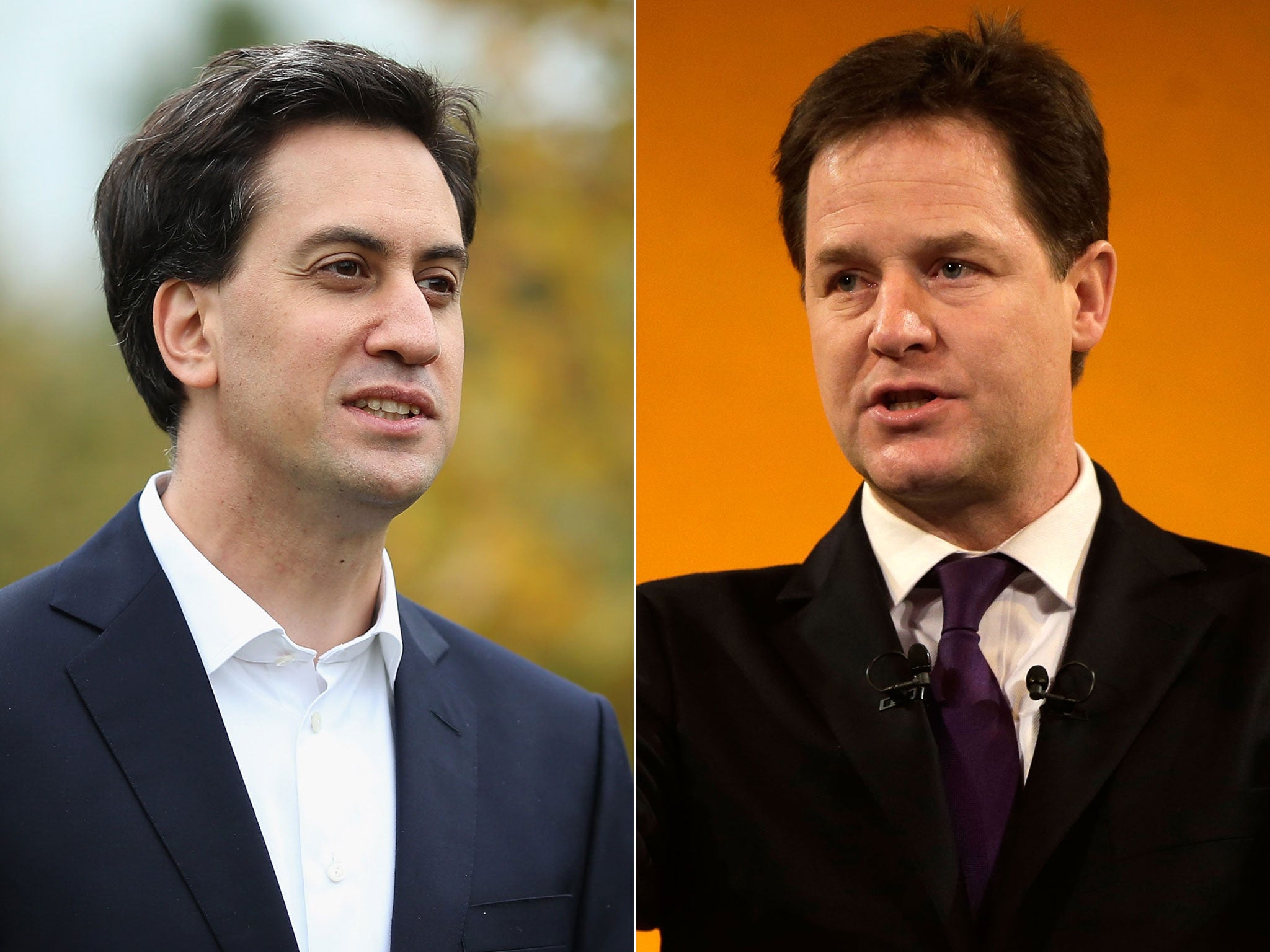 Ed Milliband, left, Nick Clegg, right