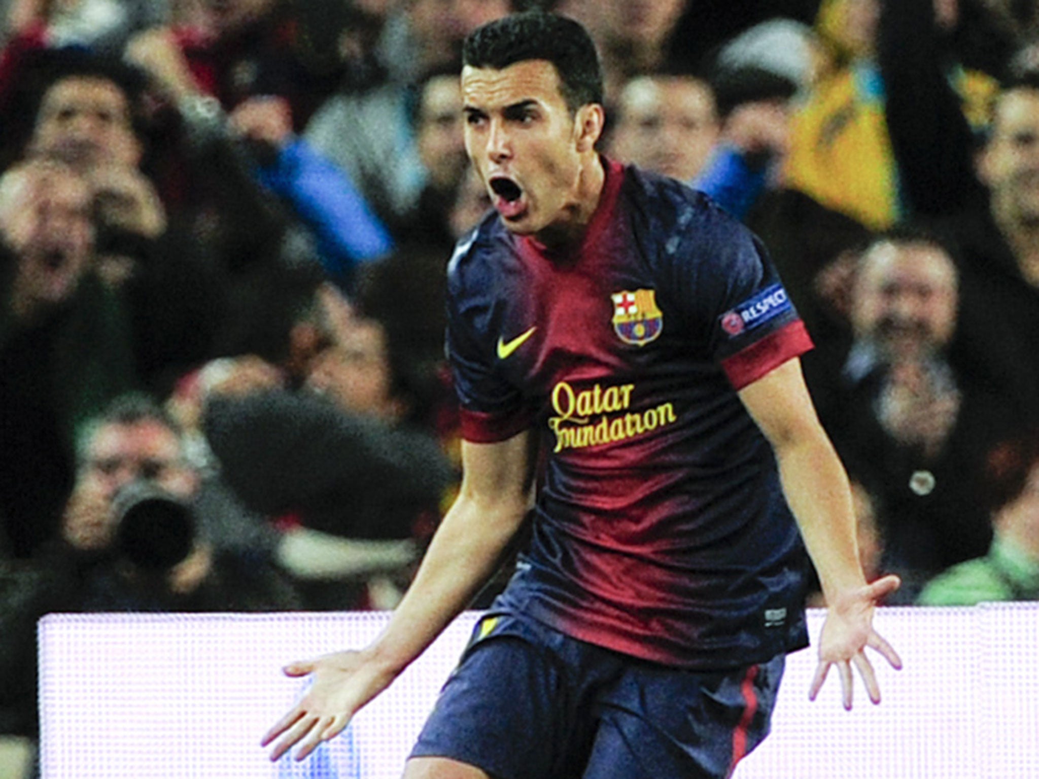 Barcelona's forward Pedro Rodriguez celebrates during he UEFA Champions League quarter final second-leg football match FC Barcelona vs Paris Saint-Germain at Camp Nou stadium in Barcelona on April 10, 2013
