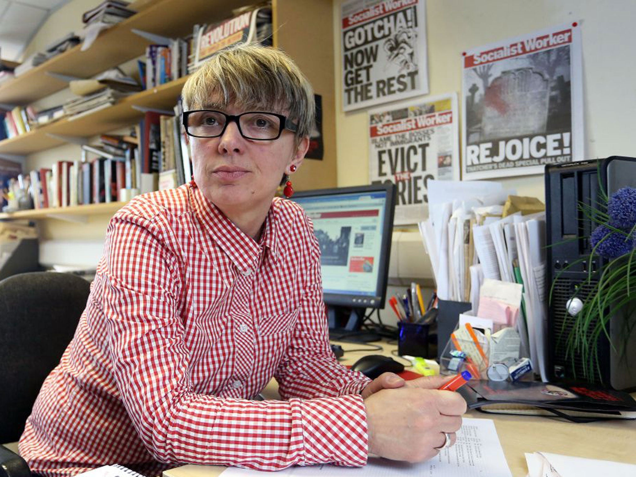 Judith Orr, editor of the Socialist Worker with, top right, the controversial edition of the paper with the ‘Rejoice’ headline