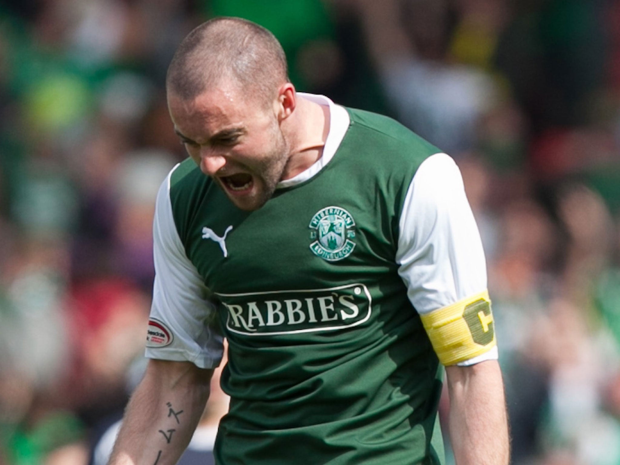 Green party: James McPake celebrates Eoin Doyle’s equaliser as Hibernian recover from 3-0 to beat Falkirk 4-3 in their Scottish FA Cup semi-final