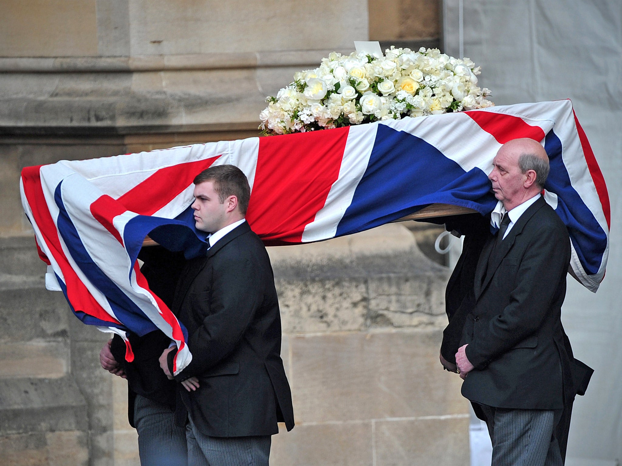 Pallbearers carry the coffin of Margaret Thatcher as it arrives to be laid at the Crypt Chapel of St Mary Undercroft in the Houses of Parliament