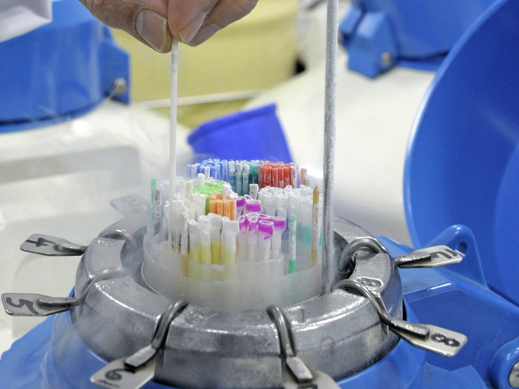 Sperm samples frozen and preserved in a tank of Liquid Nitrogen