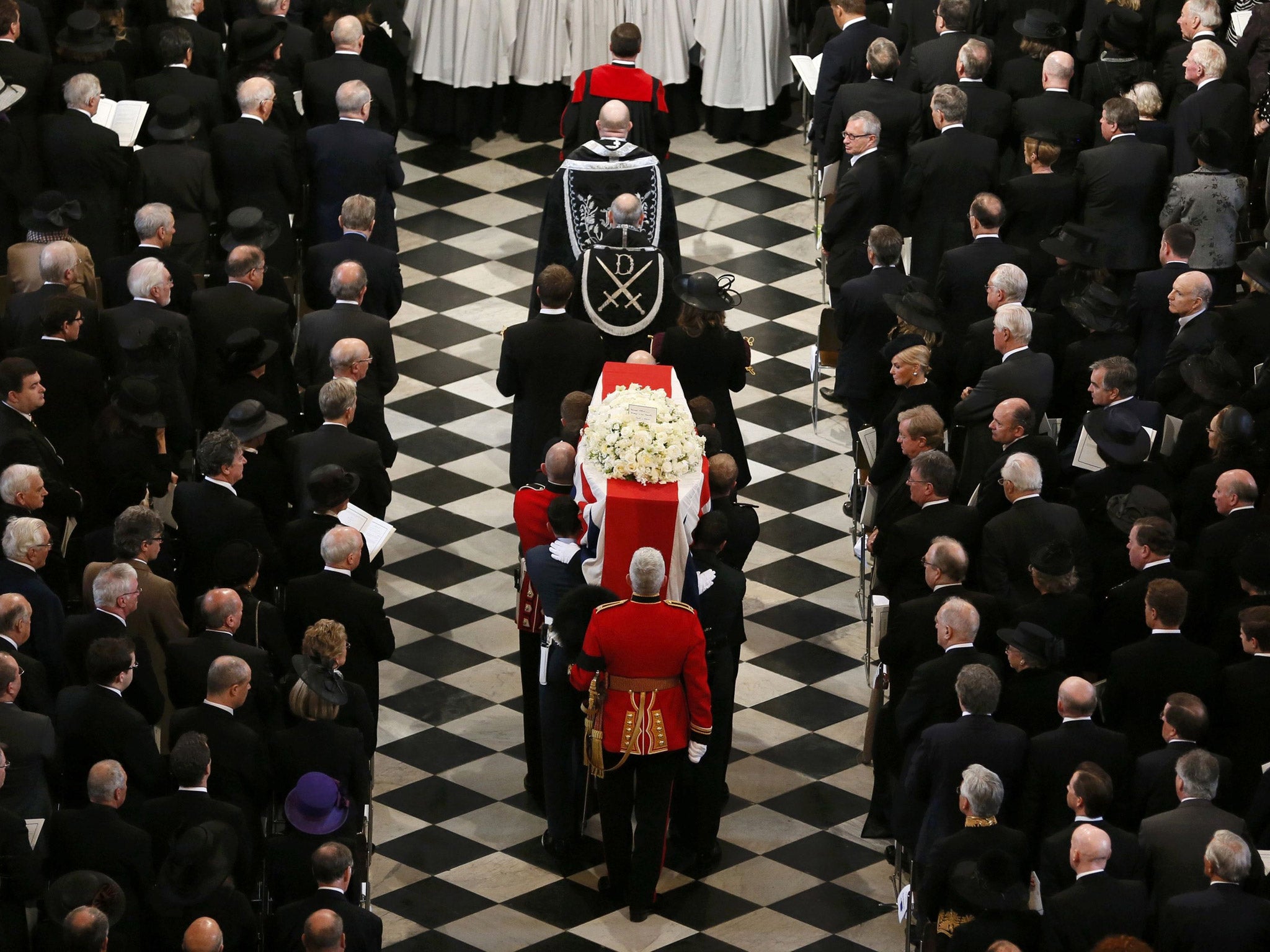 The coffin containing the body of former British Prime Minister Margaret Thatcher arrives for the ceremonial funeral at St Paul's Cathedral