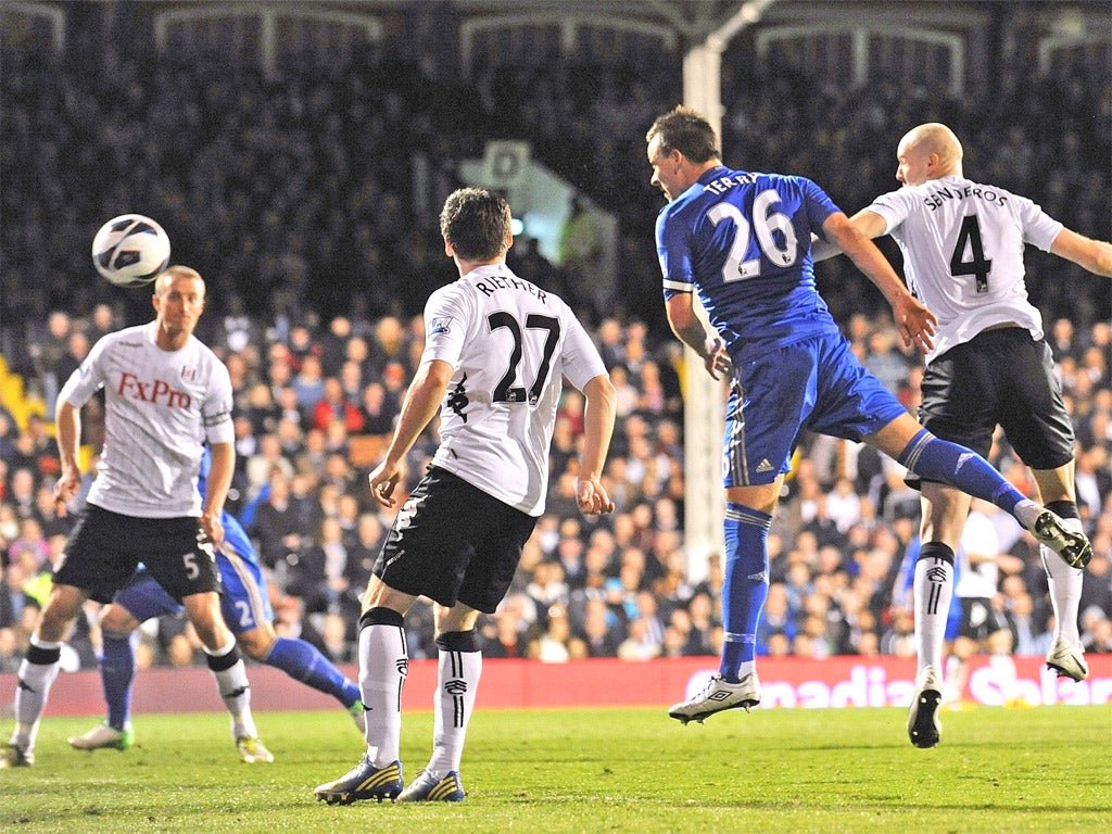 Chelsea captain John Terry heads his first goal, Chelsea’s second, at Fulham last night