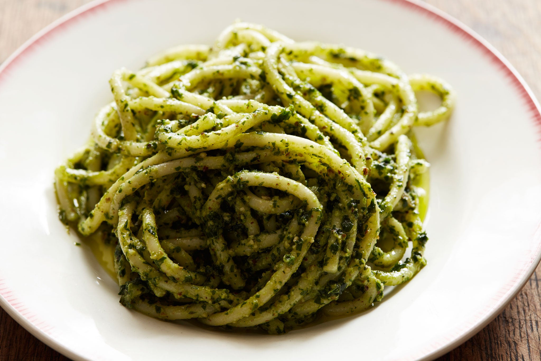 Wild garlic, walnut and Berkswell sauce with spaghetti