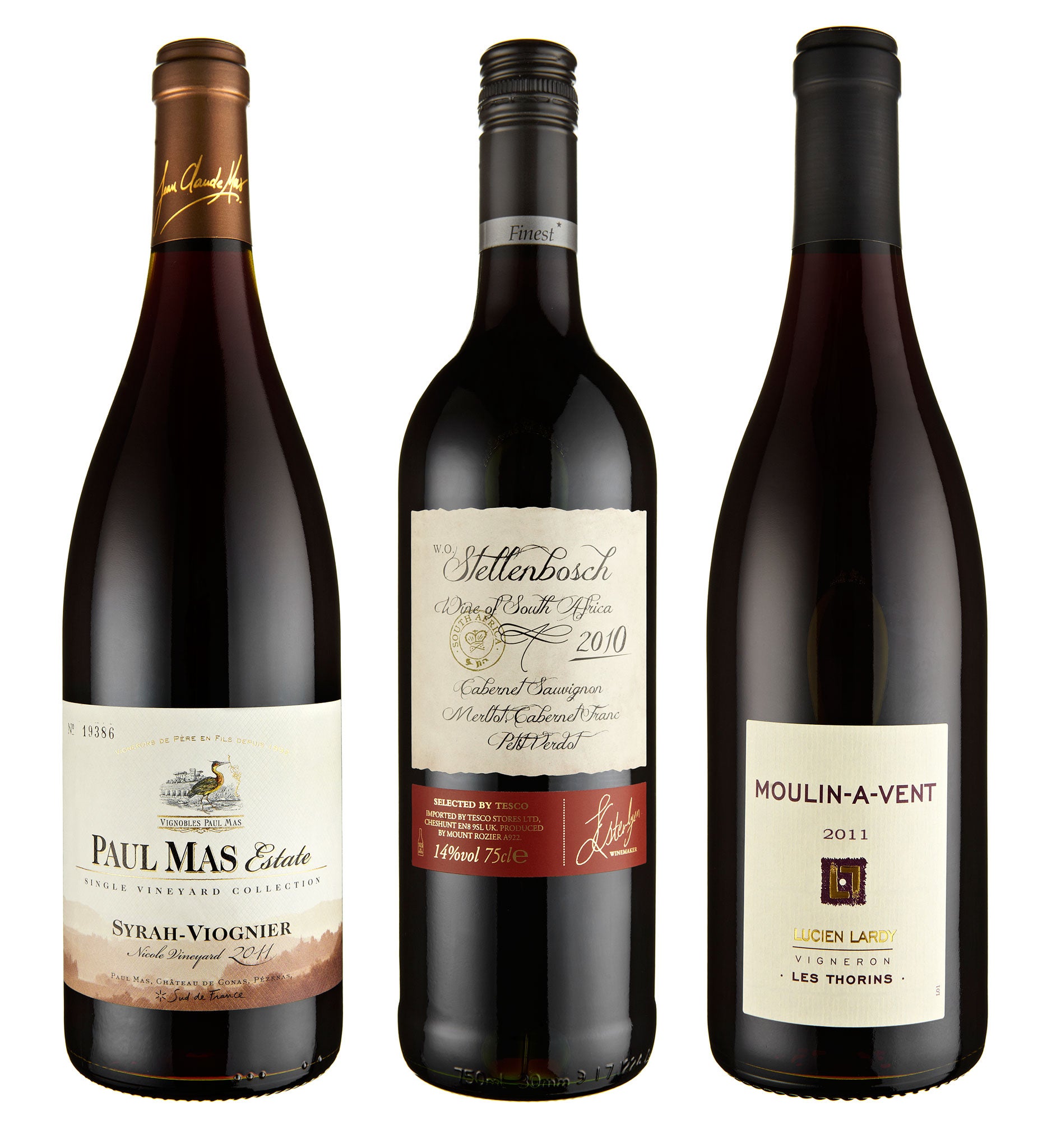 2011 Paul Mas Nicole Vineyard Syrah/Viognier, IGP Pays d'Oc, 2010 Tesco Finest* Stellenbosch Red Blend, 2011 Moulin-à-Vent, Beaujolais, Lucien Lardy