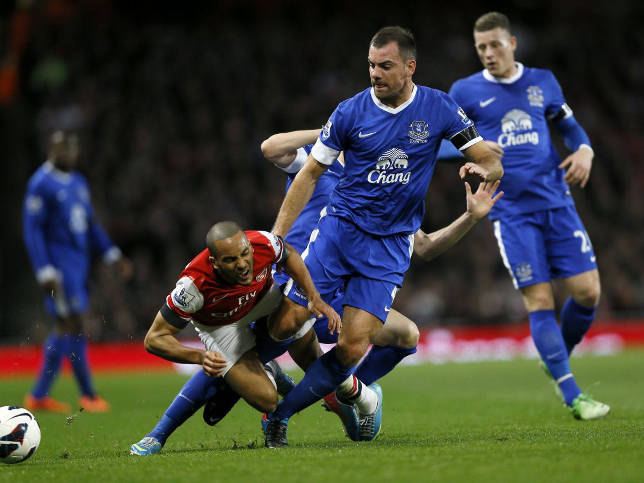 Darron Gibson received a yellow card for his challenge on Theo Walcott, but was not sent off for a second similar tackle
