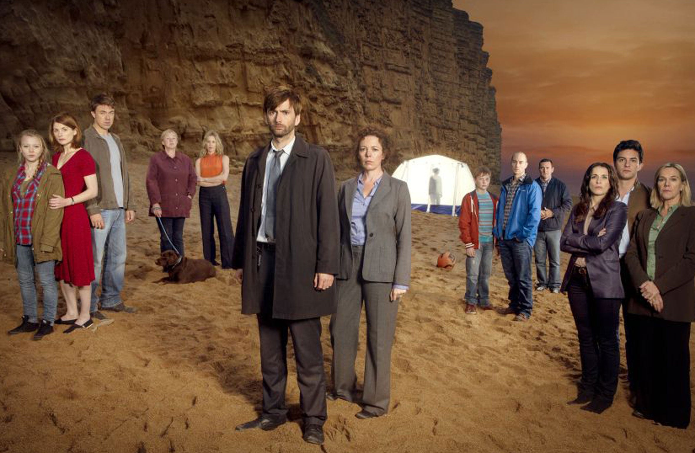 The full cast of ITV's Broadchurch on the now-famous Dorset beach