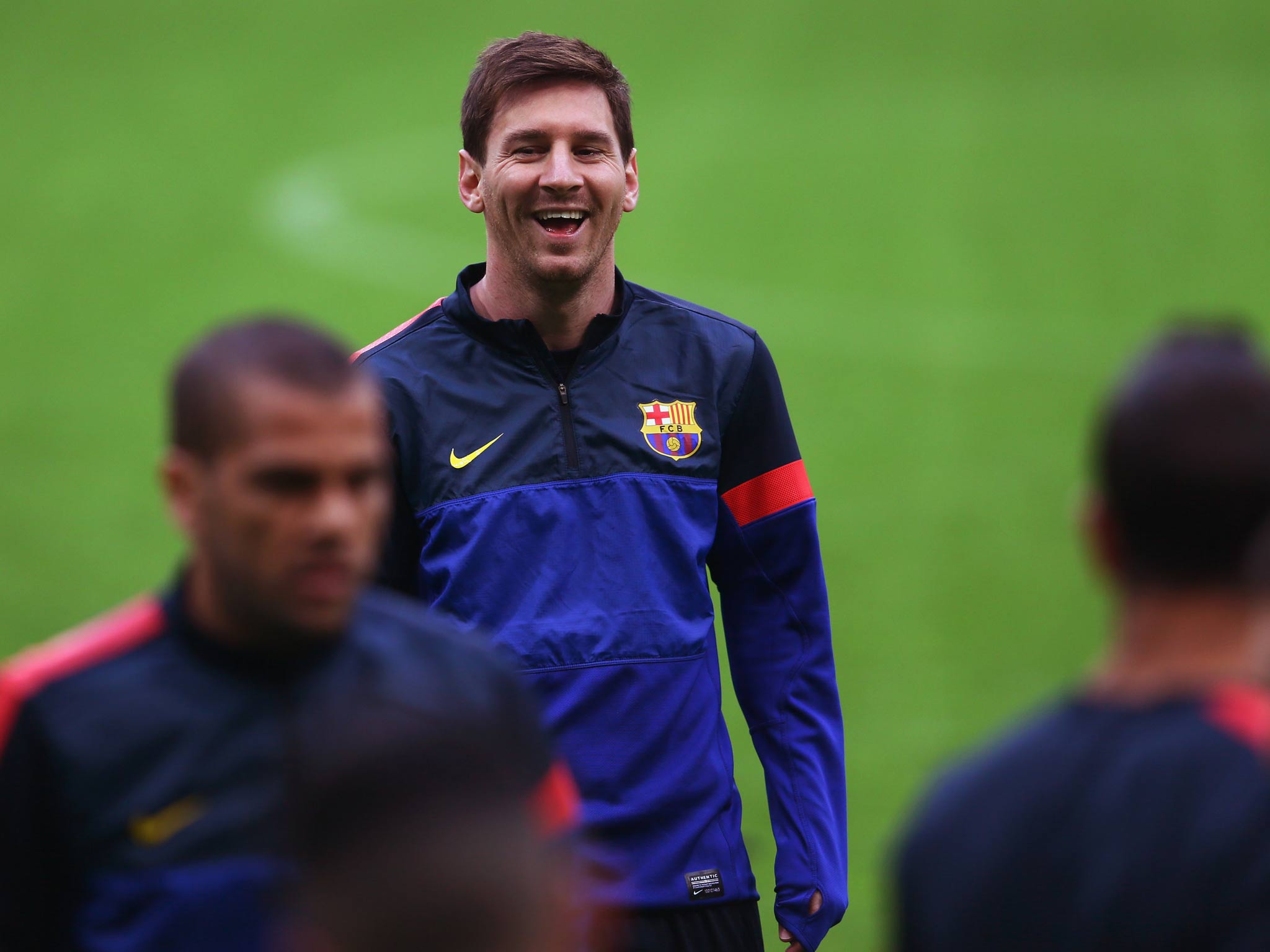 Lionel Messi takes part in a training session ahead of Barcelona's Champions League tie with Bayern Munich