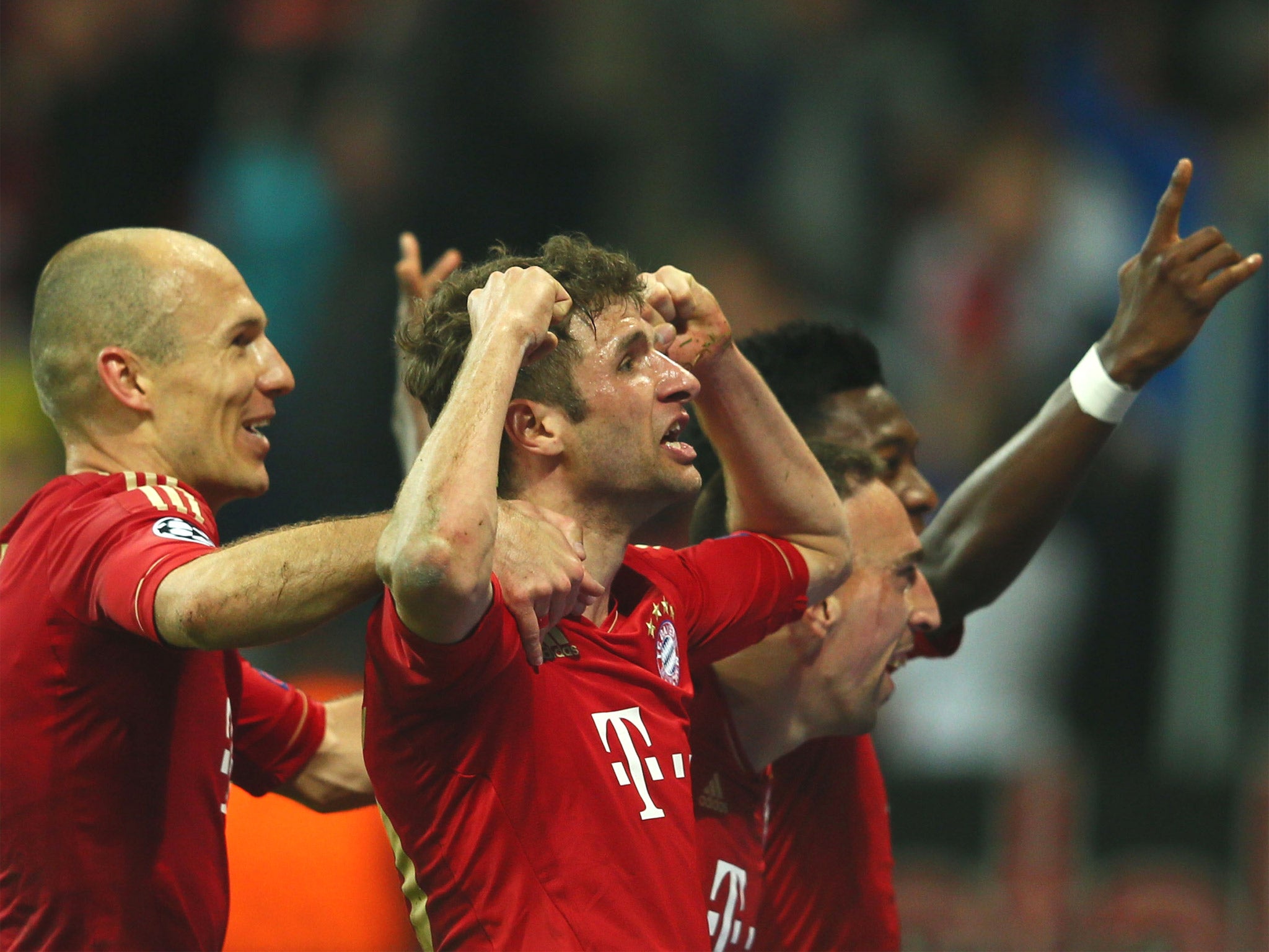 (From left) Arjen Robben, Thomas Müller, Franck Ribery and David Alaba celebrate the fourth goal