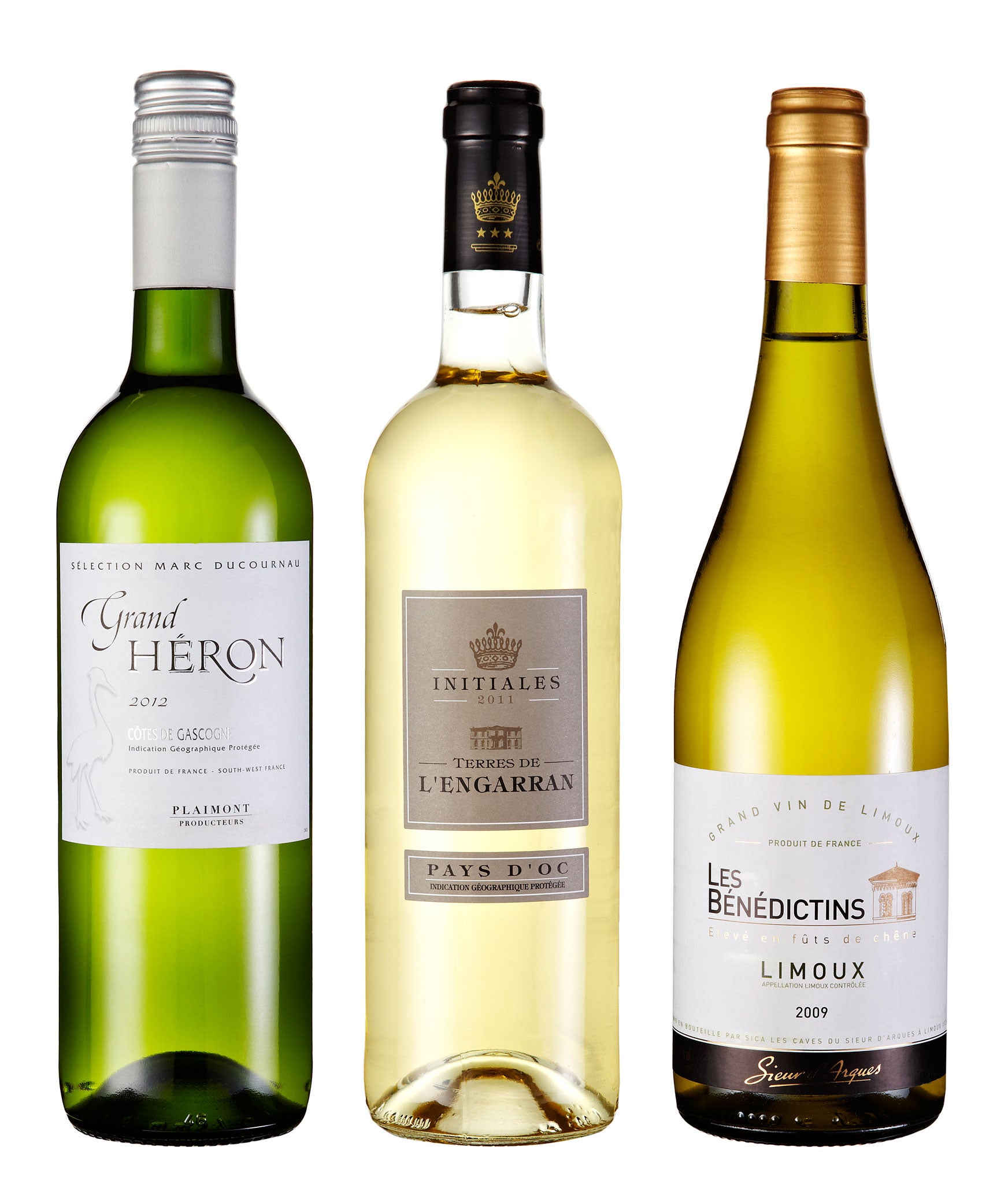 Les Bénédictins Chardonnay 2009; Terres de l'Engarran Initiales Blanc 2011; Grand Heron Marc Ducournau PGI Côtes de Gascogne 2012