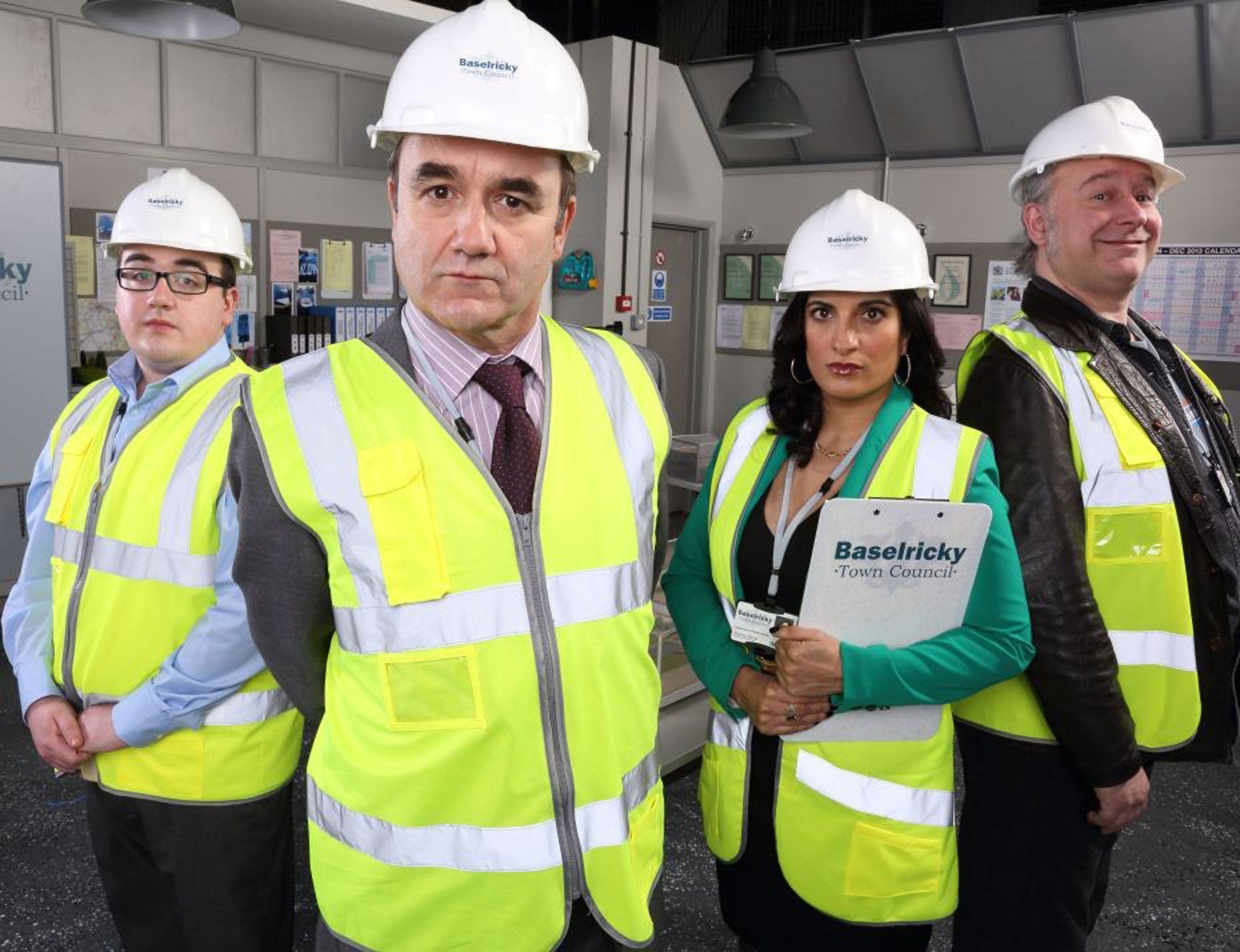 High-vis low comedy: (from left) Luke Gell, David Haig, Mina Anwar and Toby Longworth in 'The Wright Way'