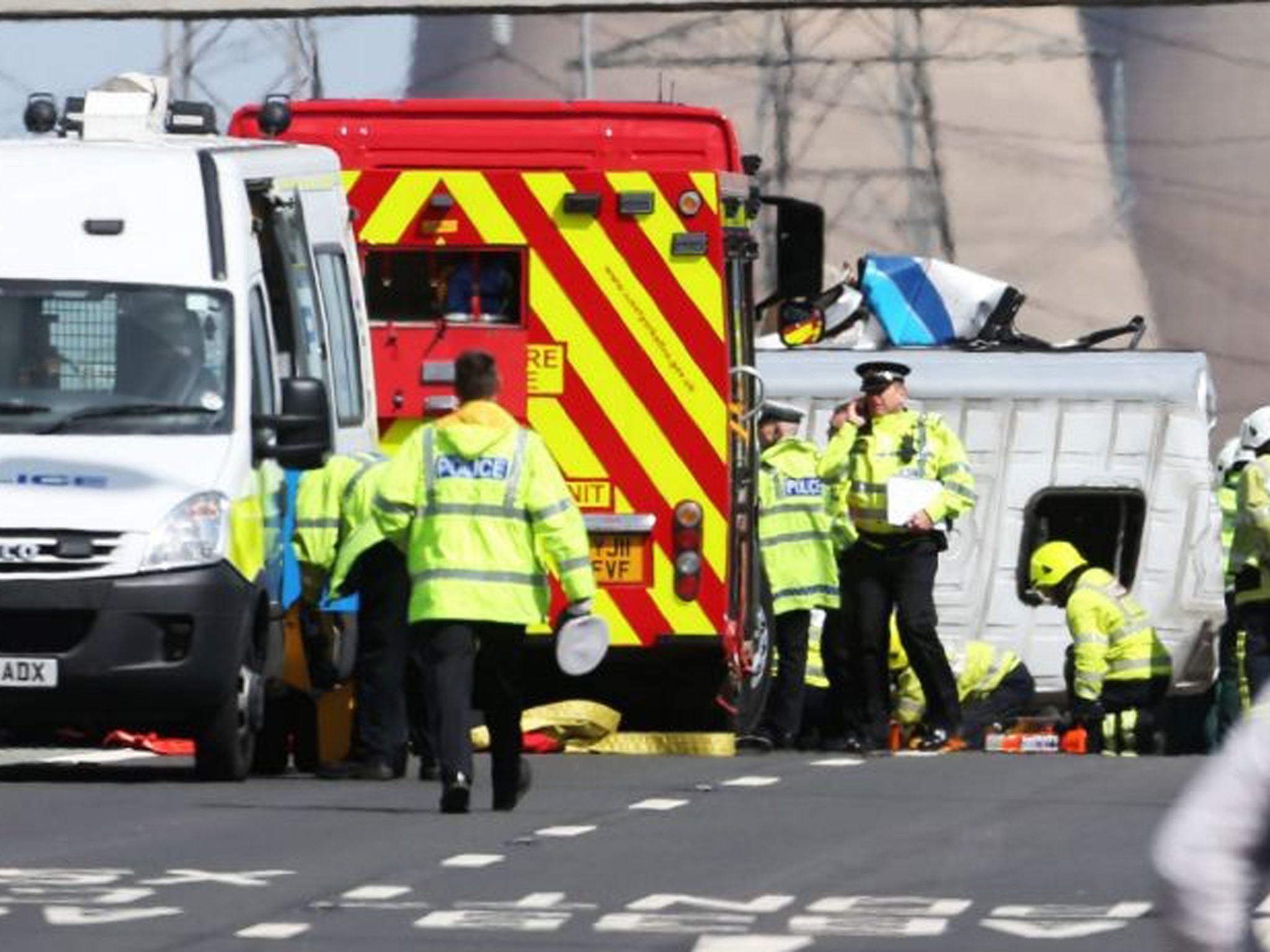 The scene of crash on the westbound carriage of the M62 near Pontefract in West Yorkshire between a lorry and a minibus