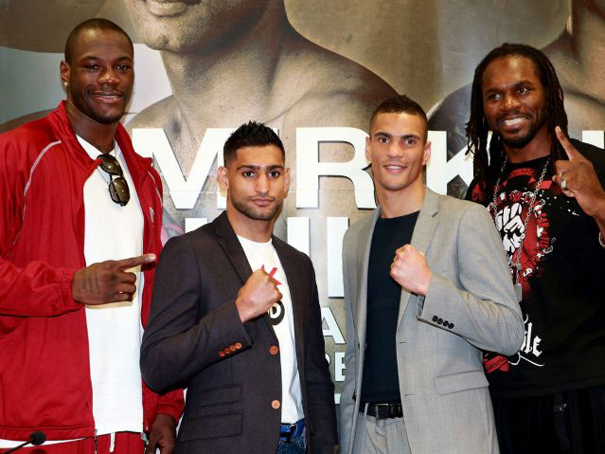 Left to right: Deontay Wilder, Amir Khan, Anthony Ogogo and Audley Harrison at a press conference in Sheffield on Thursday