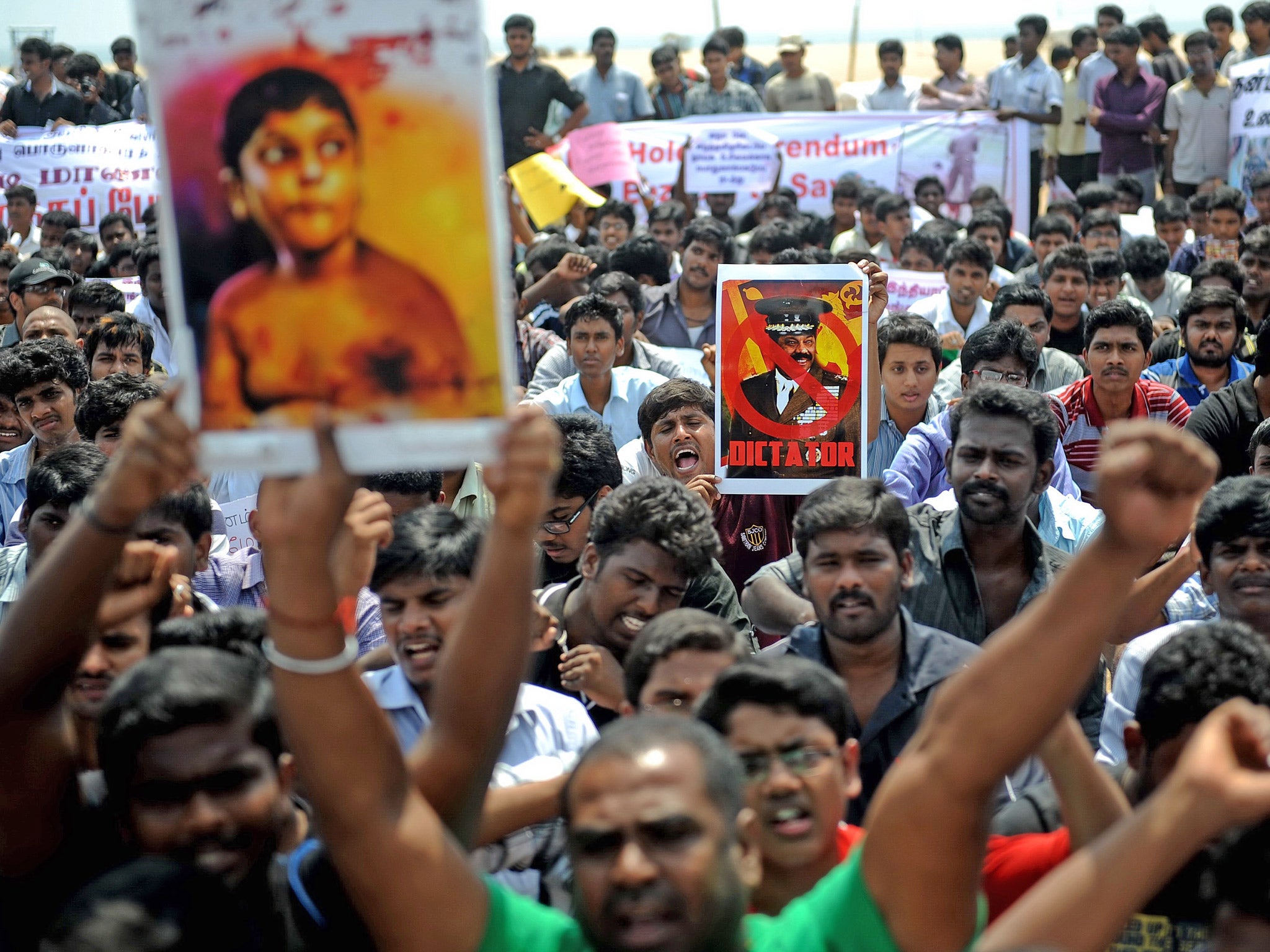 Demonstrators in Chennai, India, protest against continuing war crimes against Tamils in Sri Lanka, last month