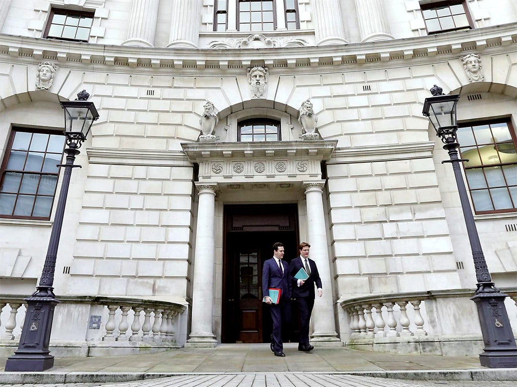 Chancellor George Osborne and Chief Secretary to the Treasury Danny Alexander, outside the Treasury