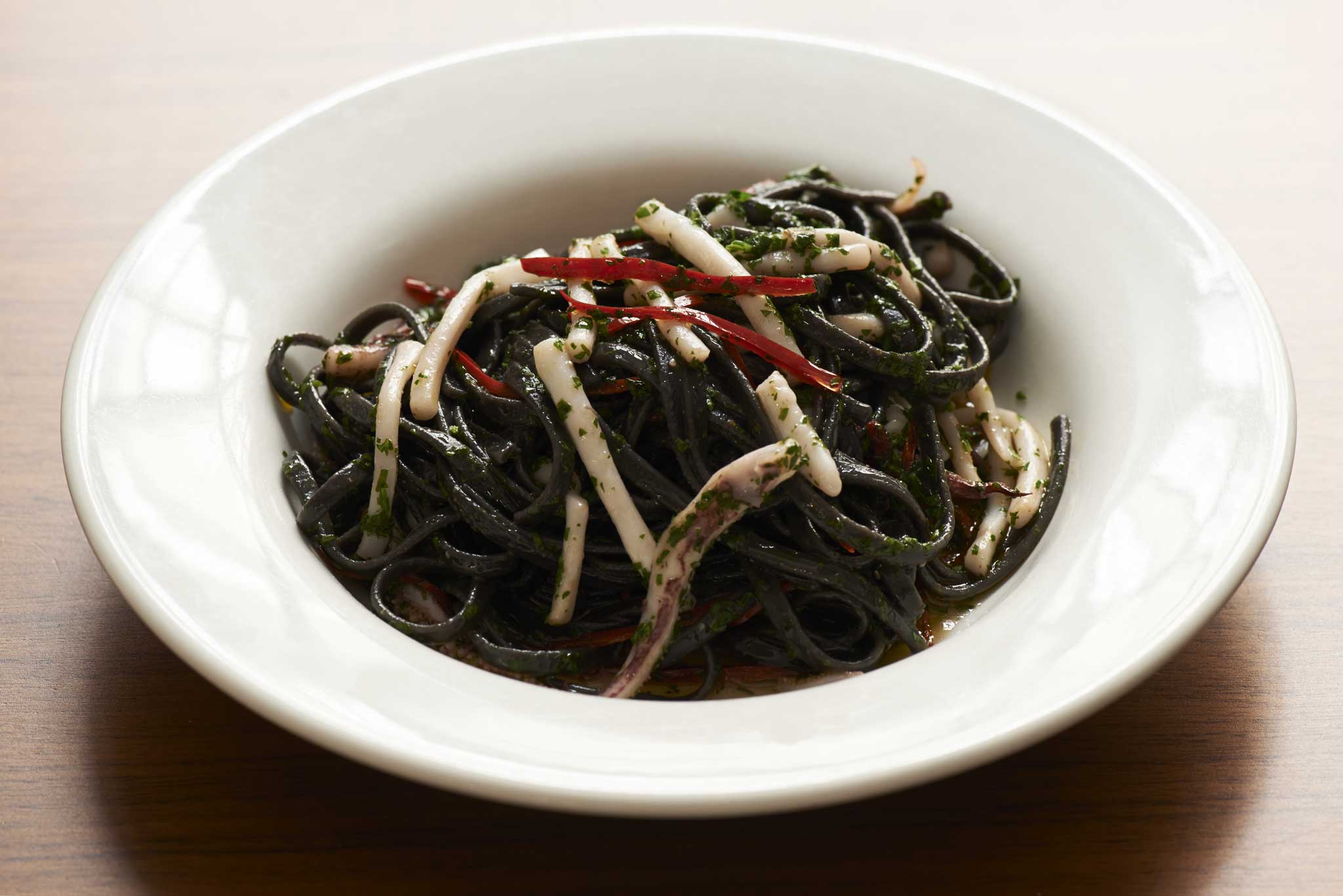 Ink pasta with cuttlefish, chilli and wild garlic