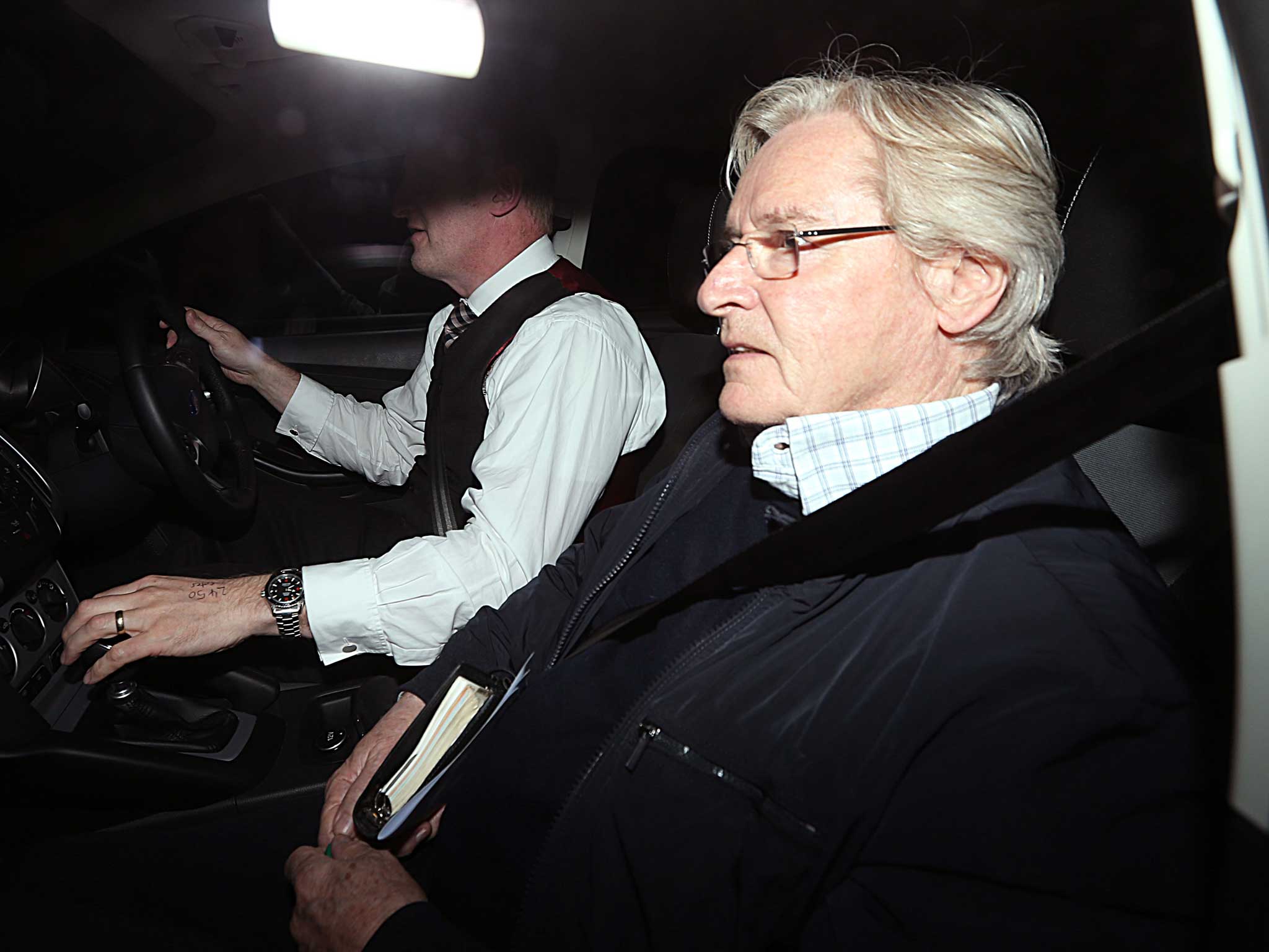 Coronation Street actor Bill Roache arriving home in Cheshire after it was announced that he has been arrested on suspicion of an historic allegation of a sexual assault