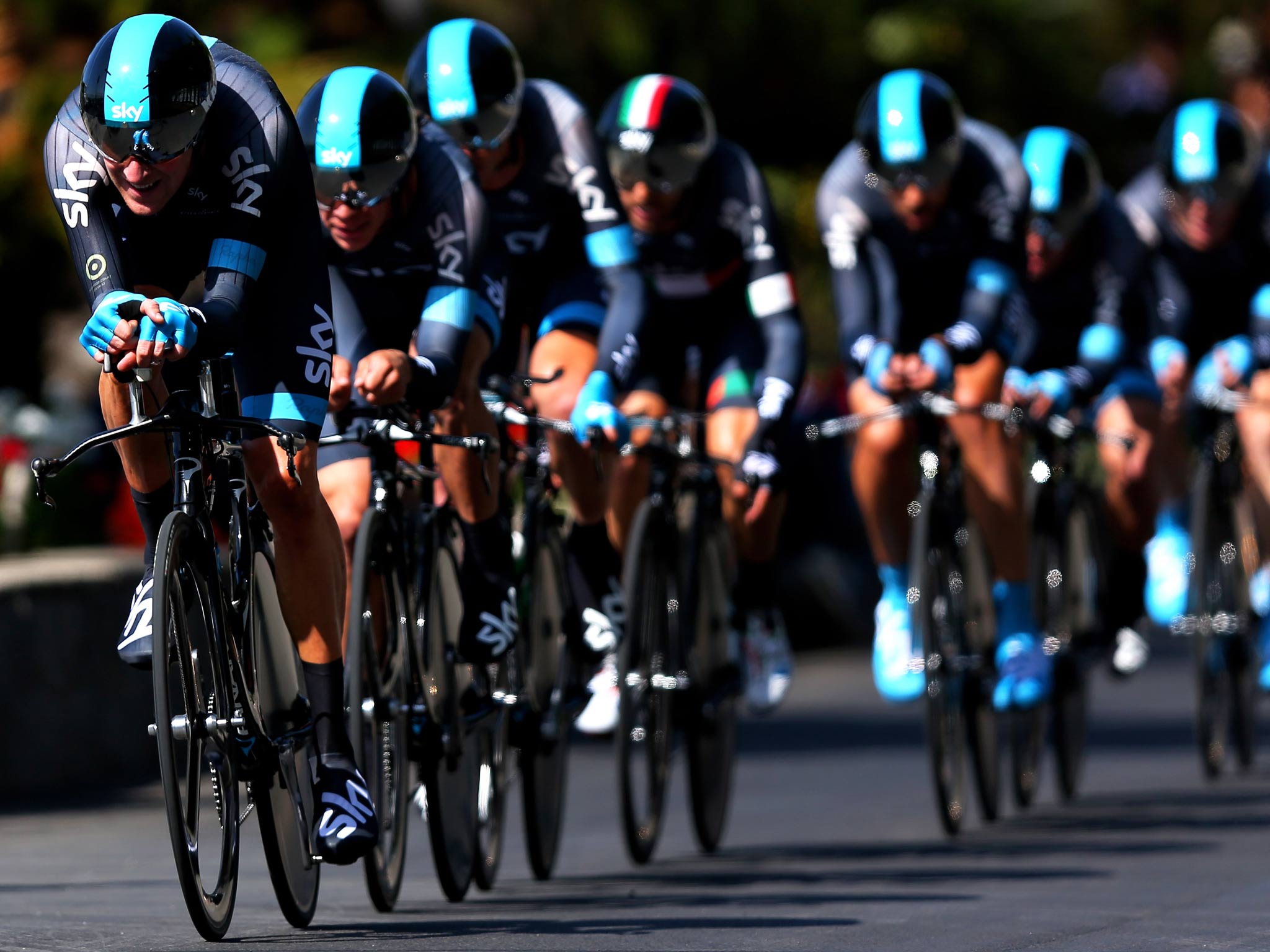 Team Sky, led by Sir Bradley Wiggins, rides to victory on stage two of the Giro d'Italia