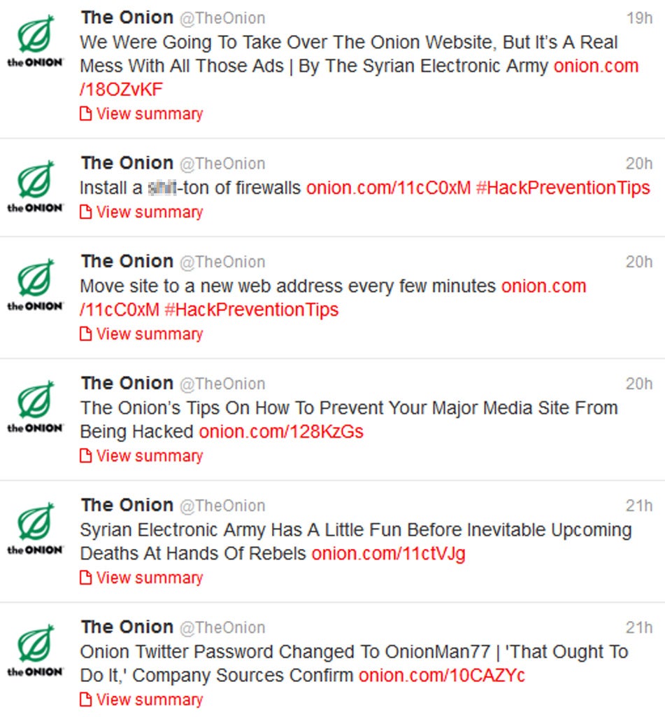 The Onion's twitter feed following the supposed hack