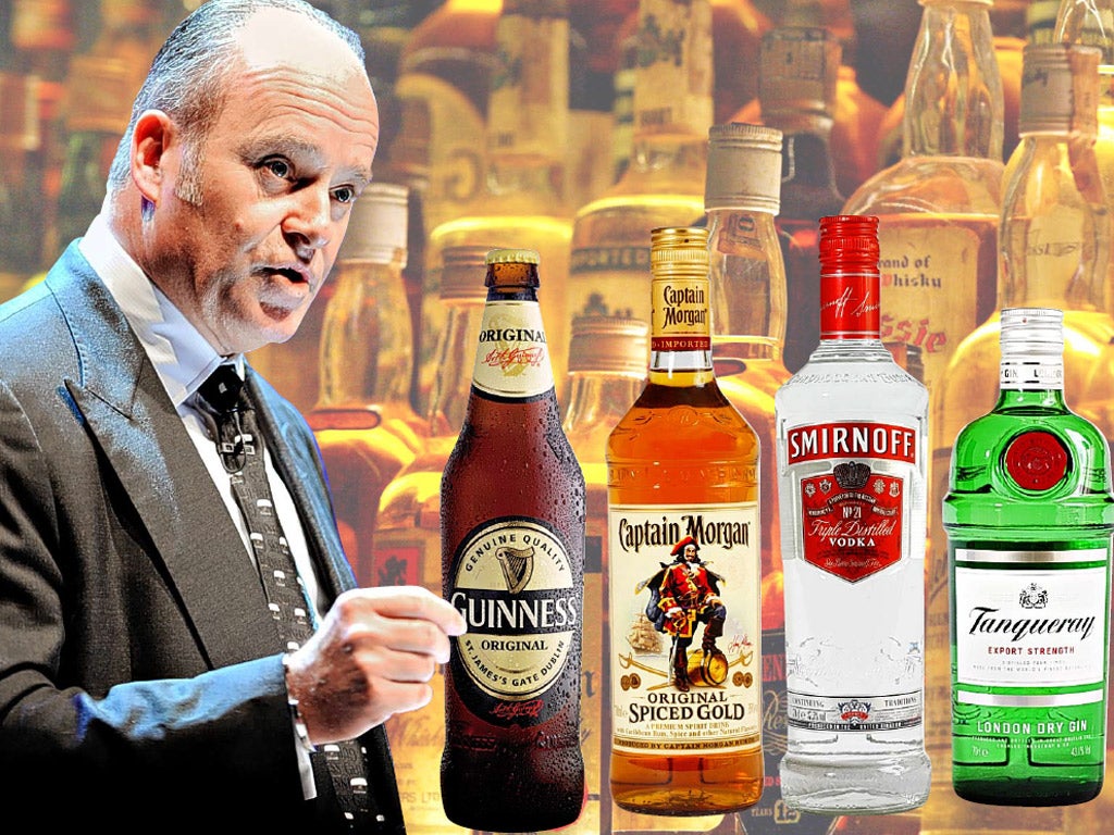 Diageo’s outgoing chief executive, Paul Walsh, with some of the company’s products