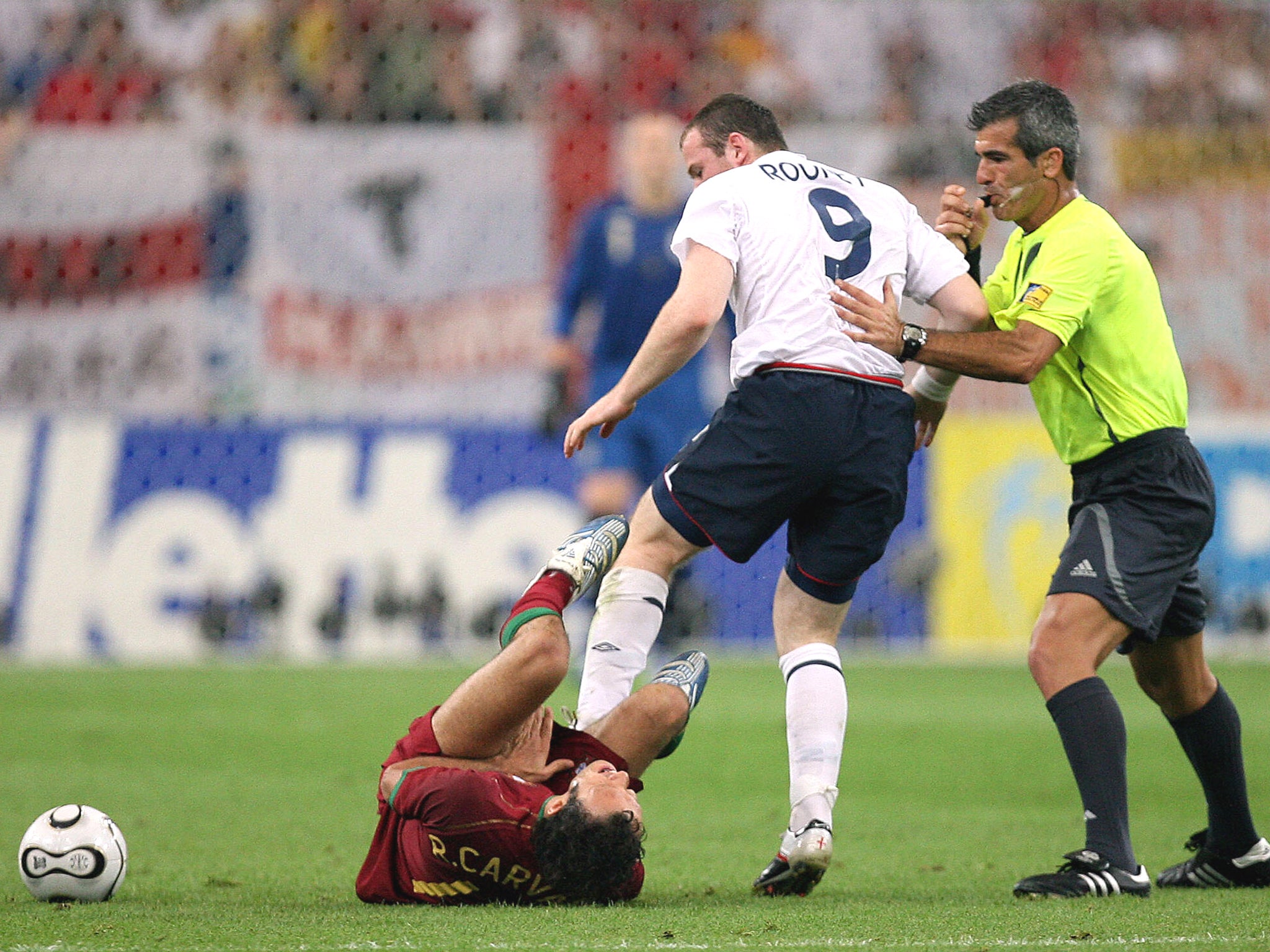 July 1, 2006 - Sent off in the World Cup quarter-final against Portugal after appearing to stamp on the groin of Ricardo Carvalho and then push Manchester United team-mate Cristiano Ronaldo.