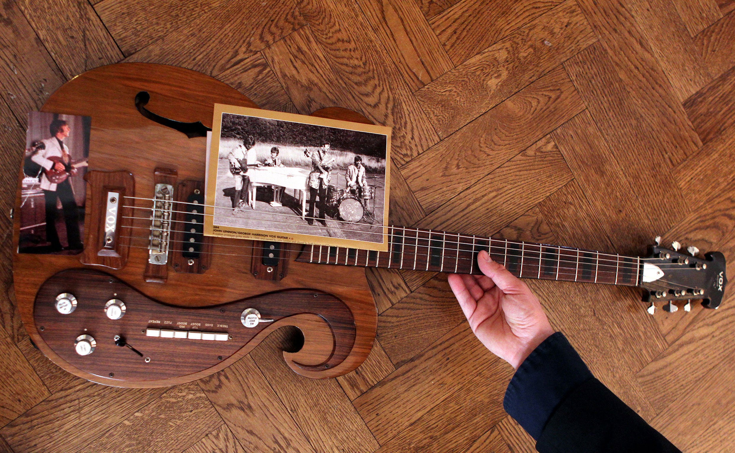9 May 2013: A rare VOX guitar played by George Harrison and John Lennon during The Beatles 1967 Magical Mystery Tour. The guitar is being auctioned by Julien's Auctions in New York and is estimated to sell for between $200,000 and $300,000 US dollars. The VOX guitar is on public display at The Stafford London Hotel in St James