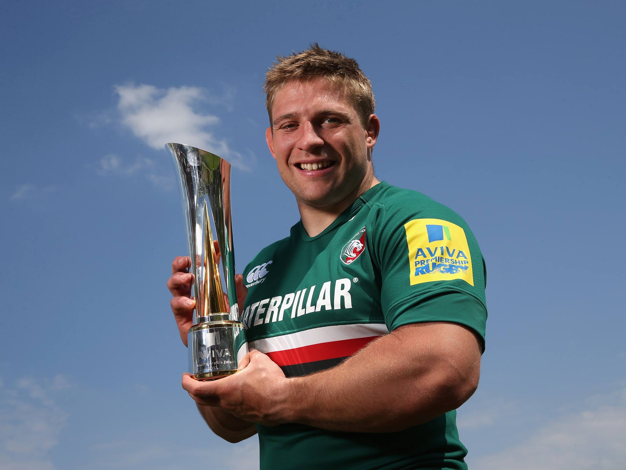 Tom Youngs of Leicester Tigers holds the Aviva Premiership Rugby Player of the Season trophy at the Leicester Tigers training ground