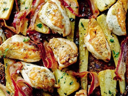 Chicken, pancetta and maple parsnip traybake