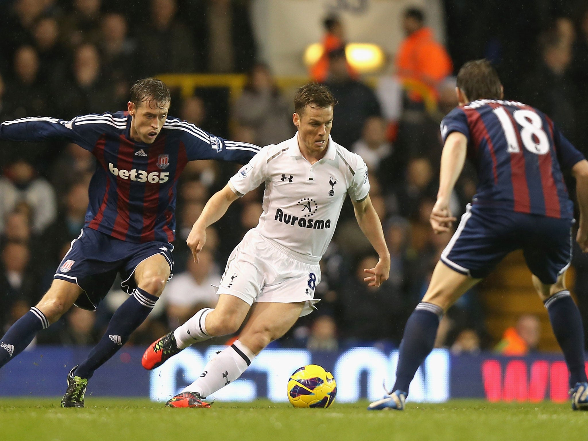 Scott Parker of Tottenham Hotspur is closed down by Peter Crouch and Dean Whitehead of Stoke City