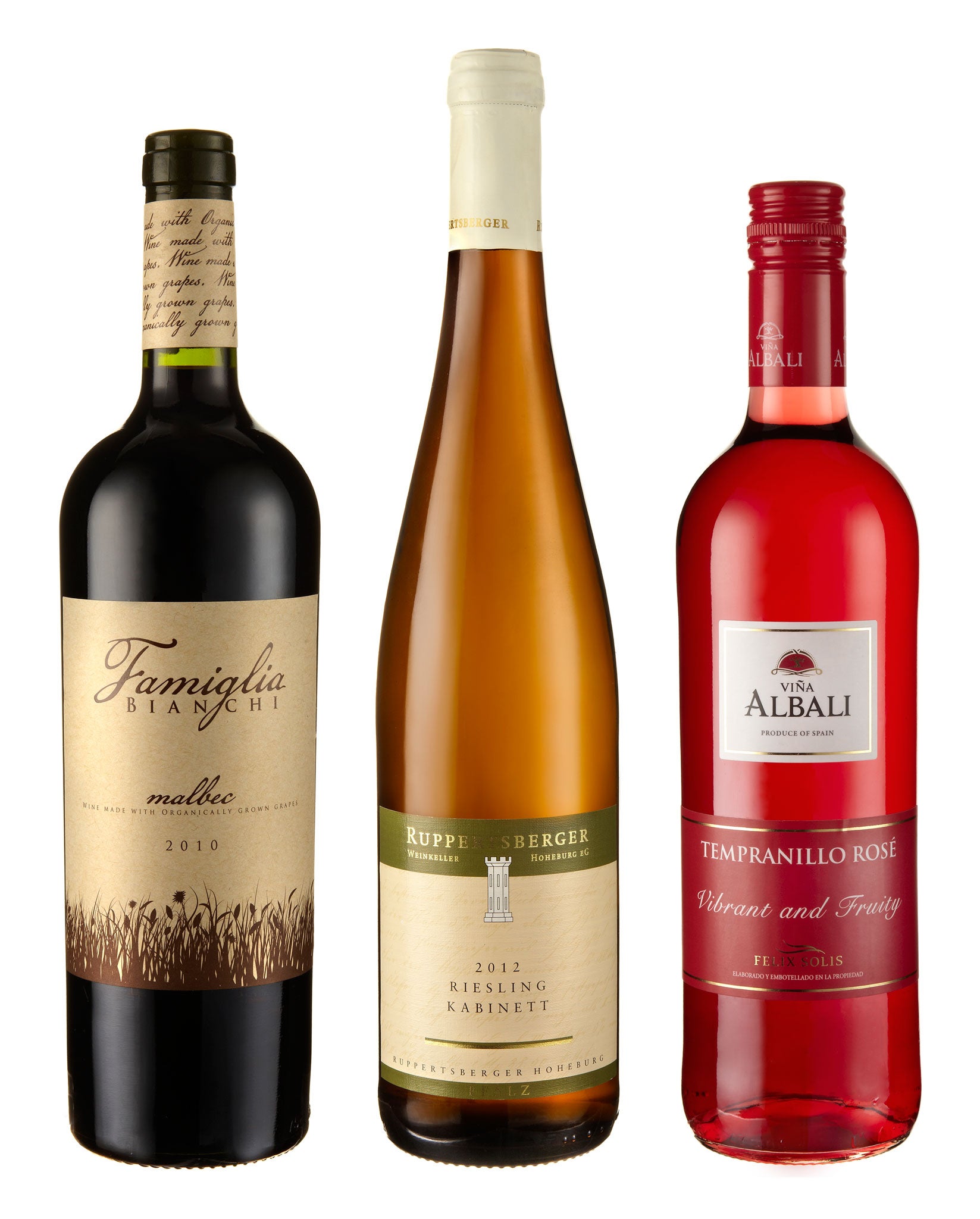 Valentin Bianchi 'Famiglia Bianchi' Malbec 2010; Ruppertsberger Riesling Kabinett 2012; Vina Albali Rosada Tempranillo