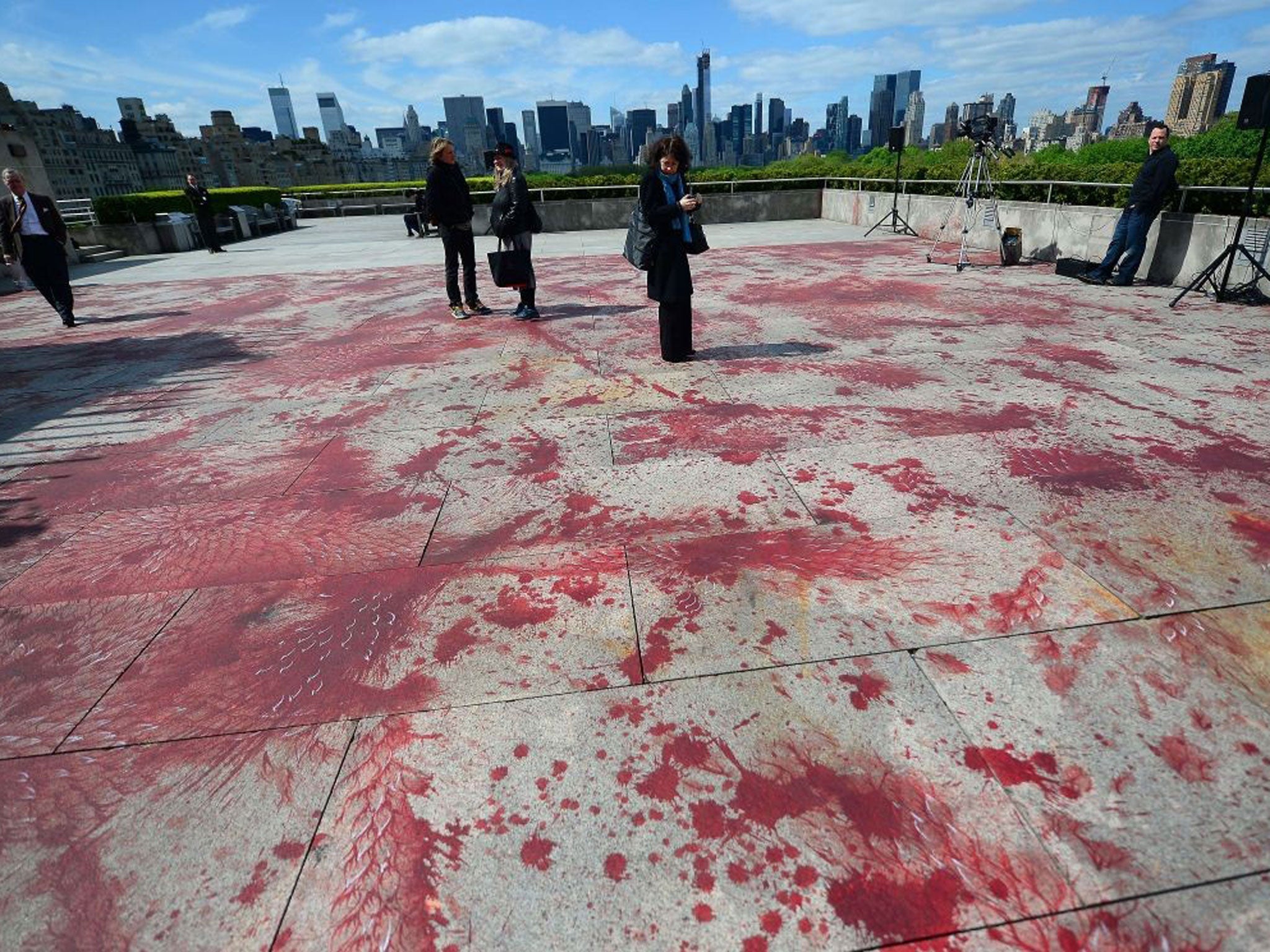 Qureshi's artwork of blood-like spilled on the rooftop of the Metropolitan Museum of Art in New Yor