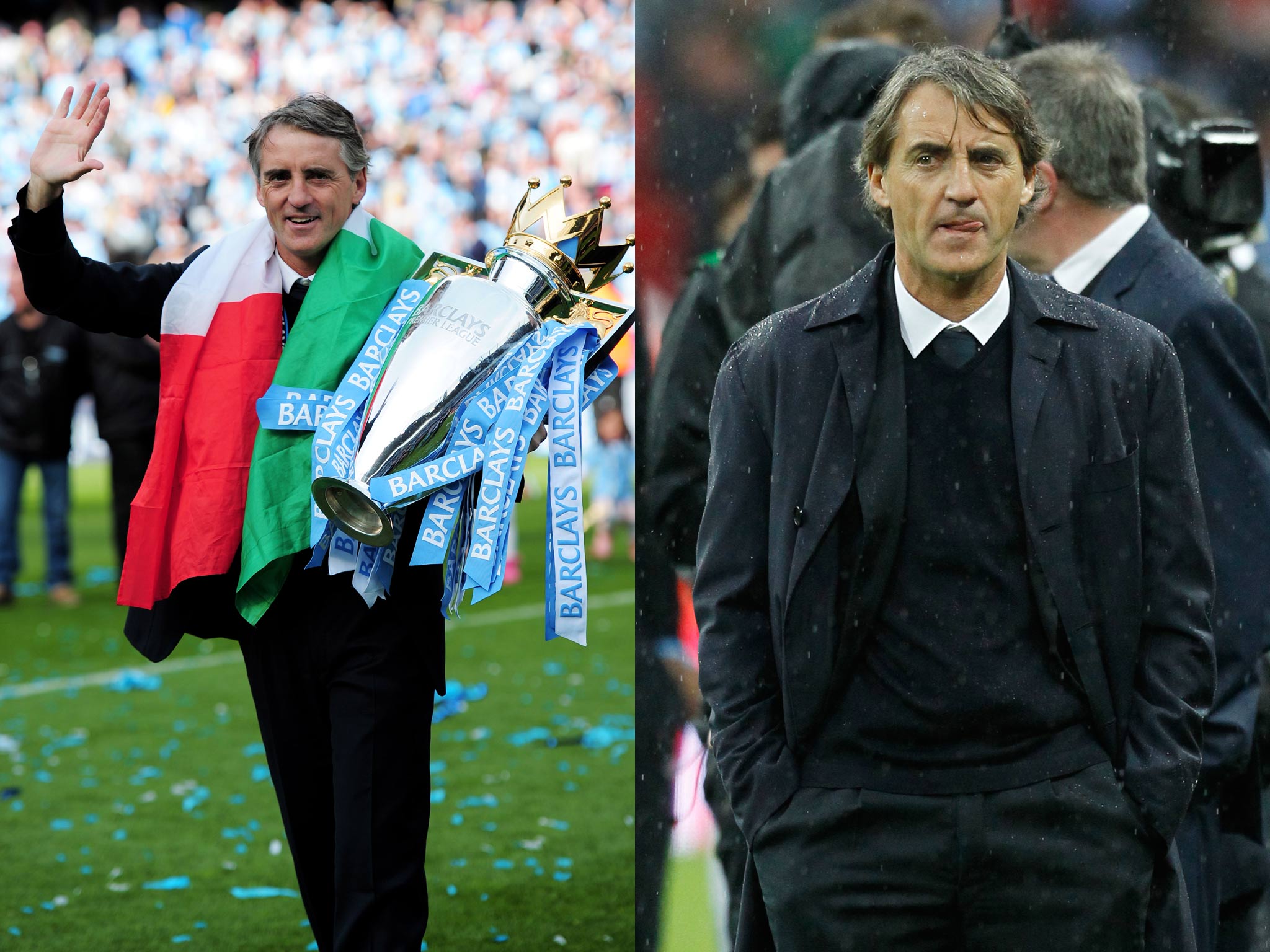 Roberto Mancini with the Premier League - and a year later, being defeated by Wigan in the FA Cup final, days before being sacked
