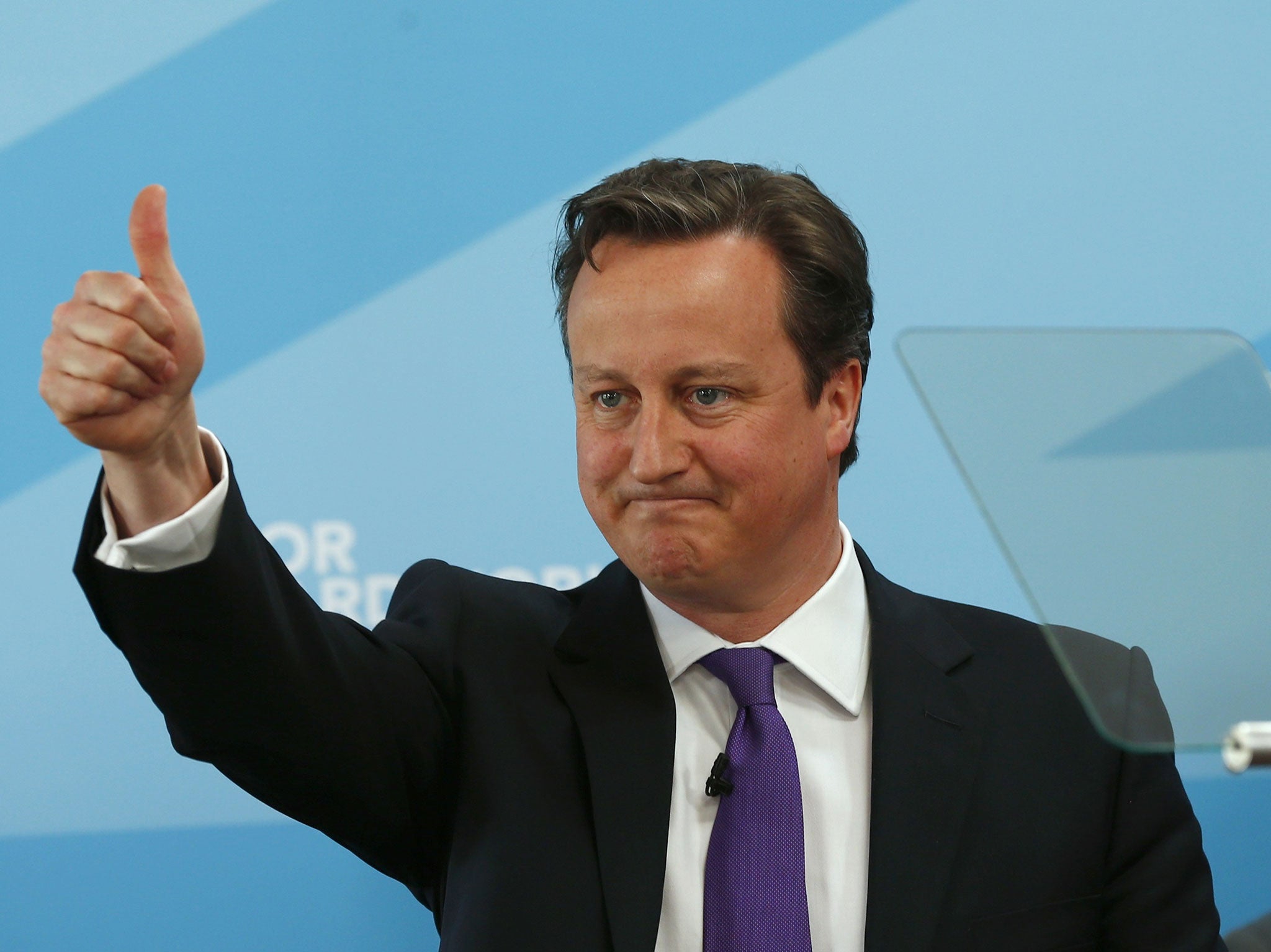 Britain's Prime Minister David Cameron addresses Conservative Party supporters at the Amberside Sports Club in Nuneaton on April 19, 2013 in Nuneaton, England. Cameron was launching the Conservative Party's local election campaign.