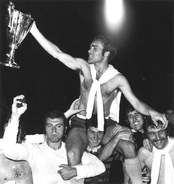 Chelsea captain Ron 'Chopper' Harris holds aloft the European Cup-Winners' Cup after beating Real Madrid in the 1971 final