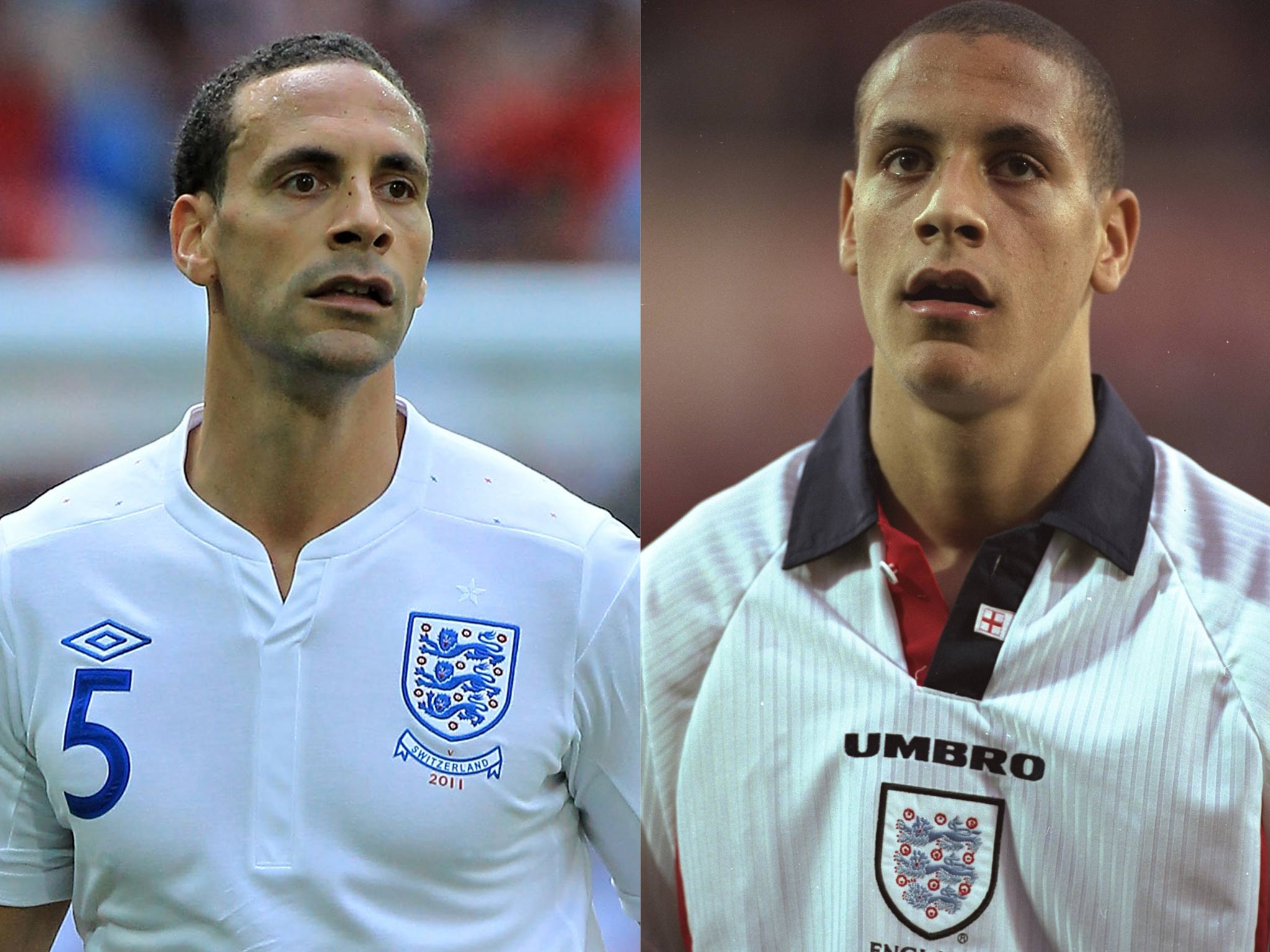 Rio Ferdinand pictured during his final England game in 2011, and in 1997, the year he made his international debut