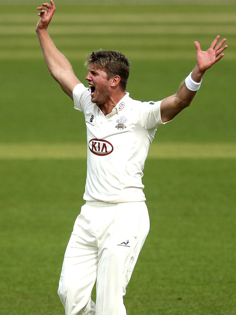 Stuart Meaker celebrates a wicket