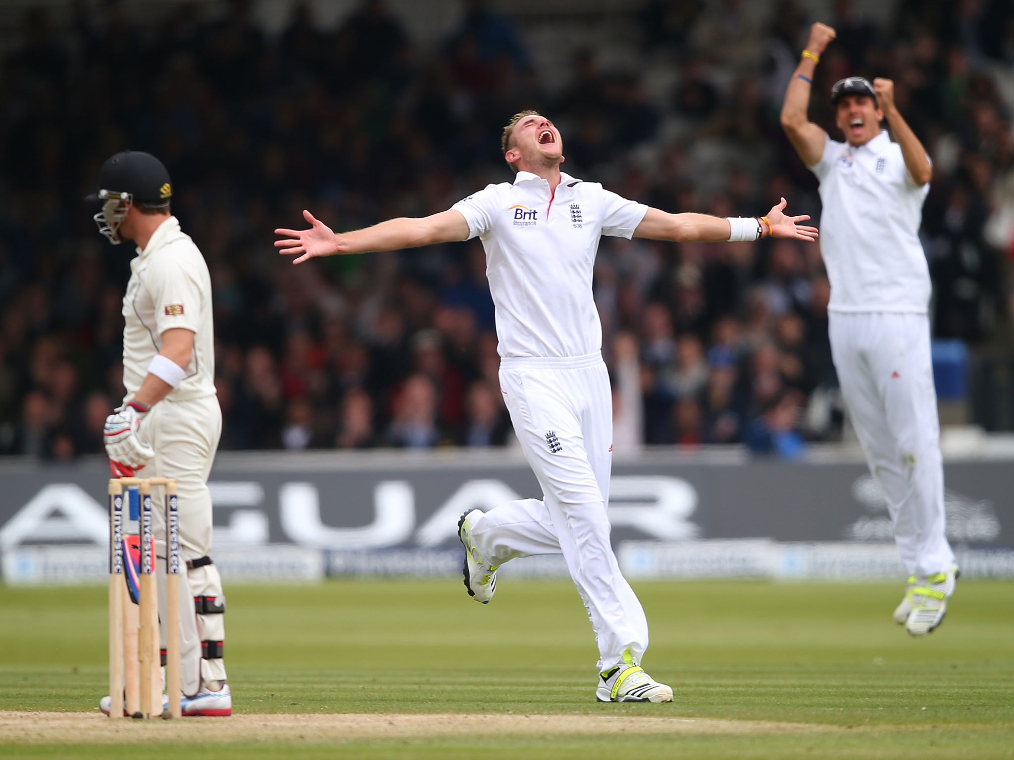 Stuart Broad of England celebrates the wicket of Brendon McCullum of New Zealand