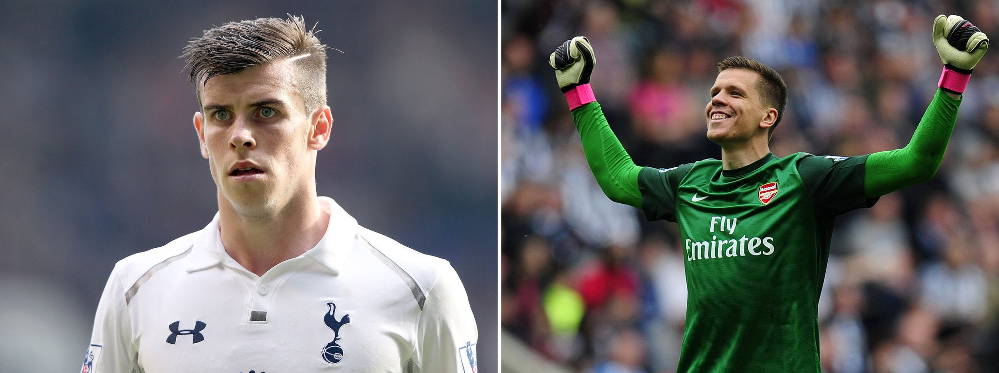 Gareth Bale, left, of Tottenham Hotspur and Arsenal's goalkeeper Wojciech Szczesny, right