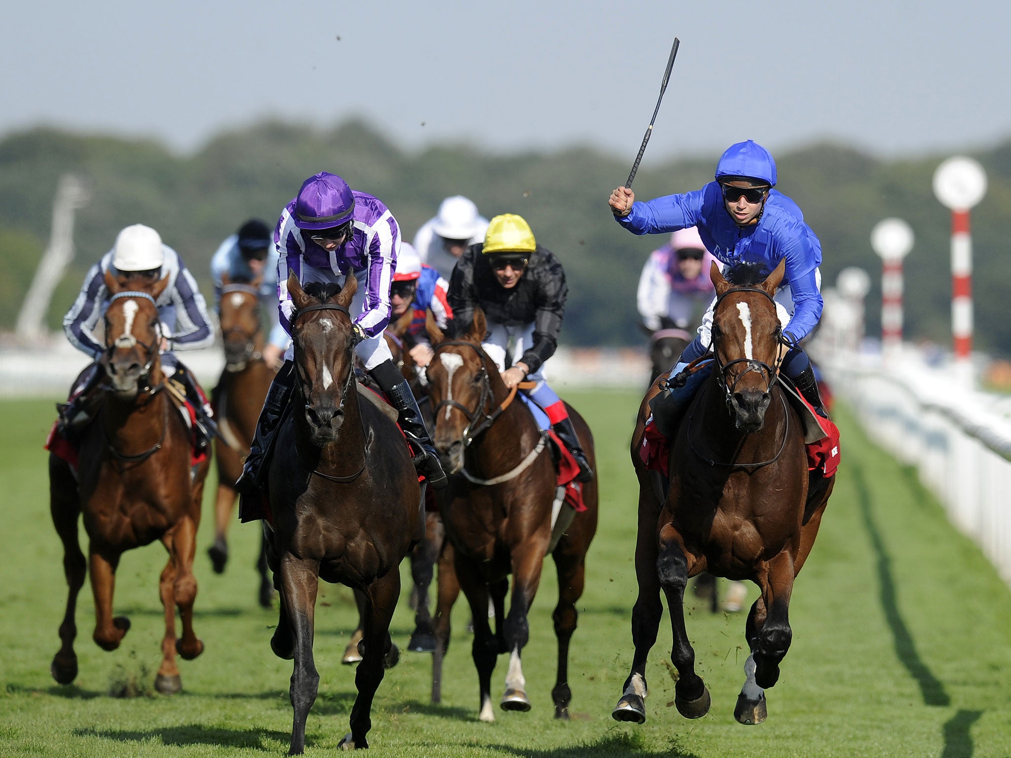 Encke, right, denies Camelot (purple and white) the Triple Crown by winning the St Leger